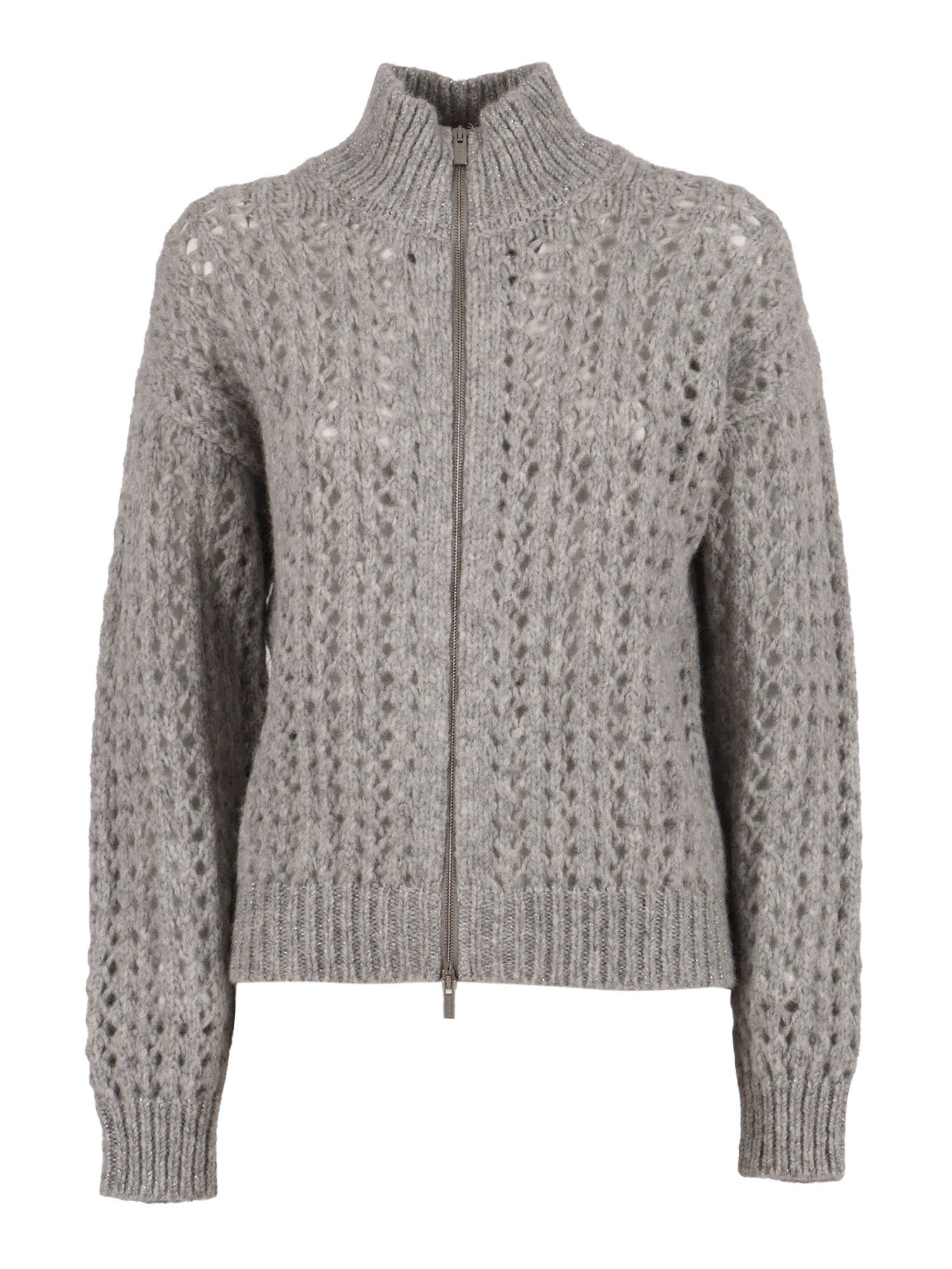 Peserico Textured Open-knit Sweater With High Ribbed Collar In Gray