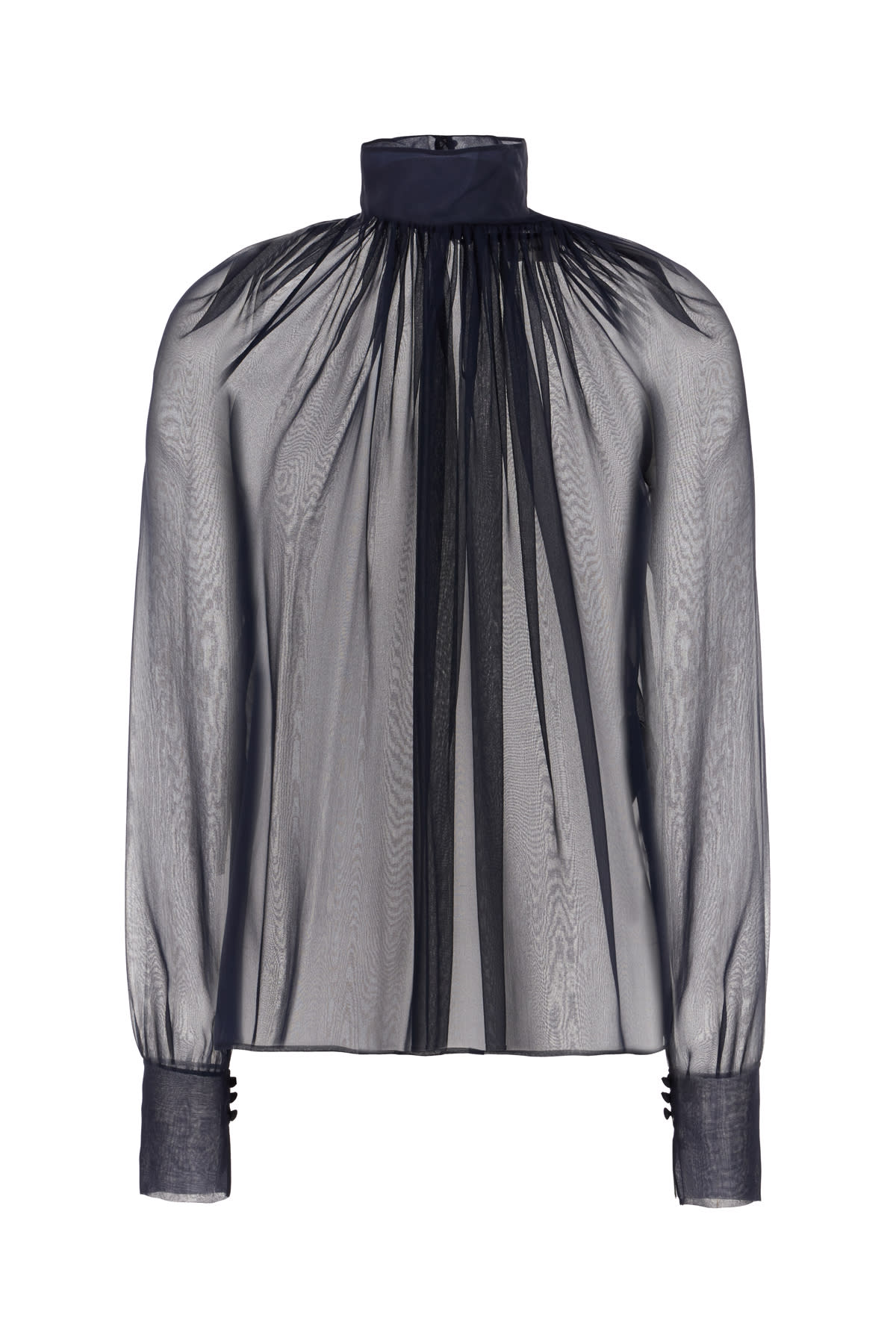 Saint Laurent Sheer Ruched Hig-neck Blouse In Midnight Blue