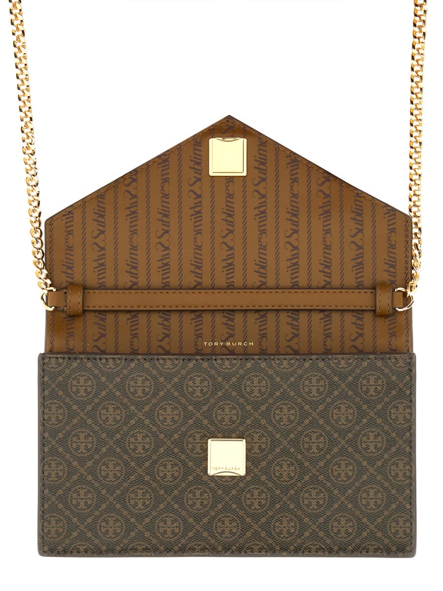 Tory Burch T Monogram Wallet With Chain In Brown