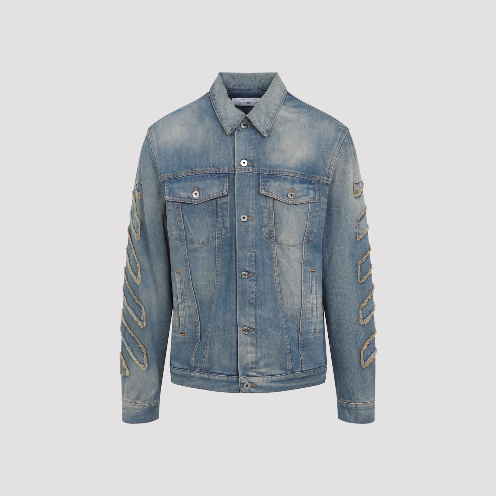 Off-white Denim Jacket With Frayed Diagonal Stripes In Blue