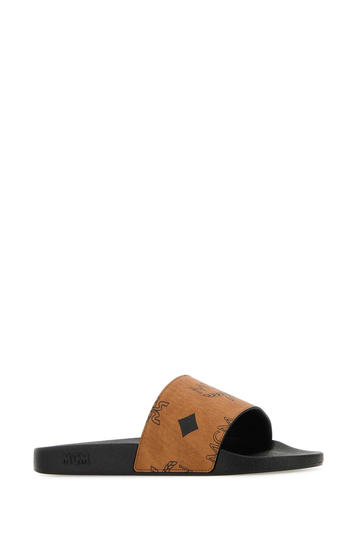 Shop Mcm Printed Canvas Slippers In Cognac