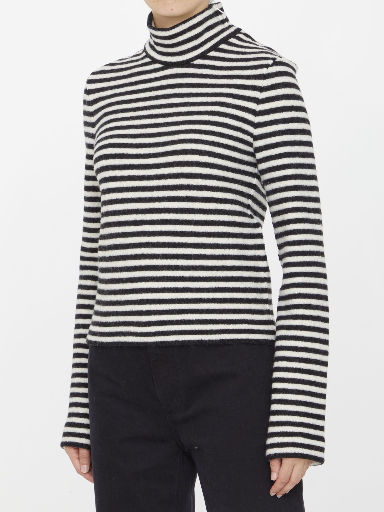 Jil Sander Striped High-neck Boiled Wool Knit Pullover Sweater