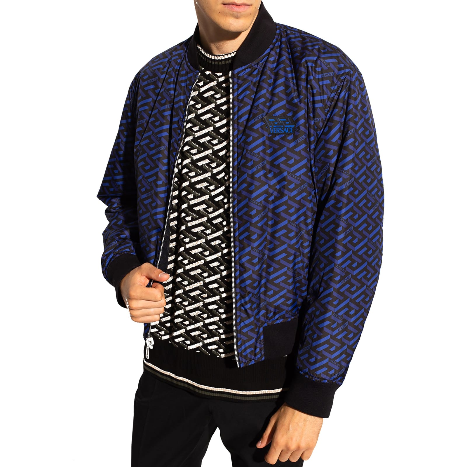 Shop Versace Reversible Bomber Jacket In Blue