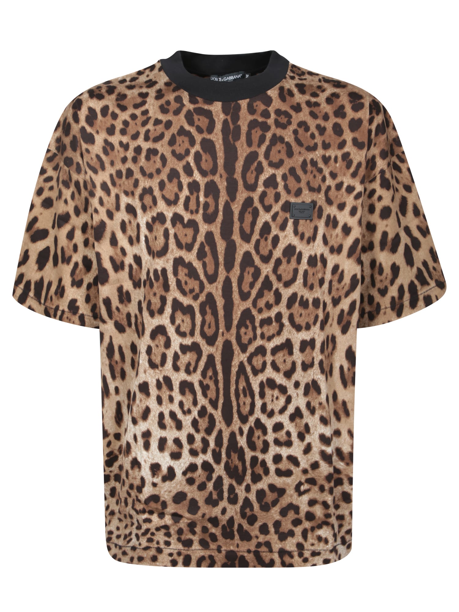 Brown T-shirt With All-over Leopard Motif In Cotton Man