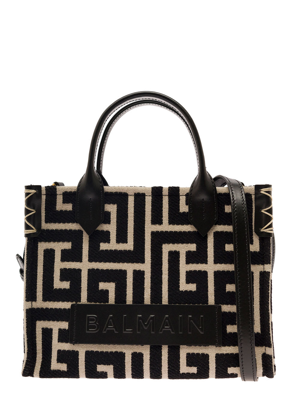 Shop Balmain B-army Black And White Tote Bag With Logo Patch And Monogram In Canvas Woman In Avorio/nero