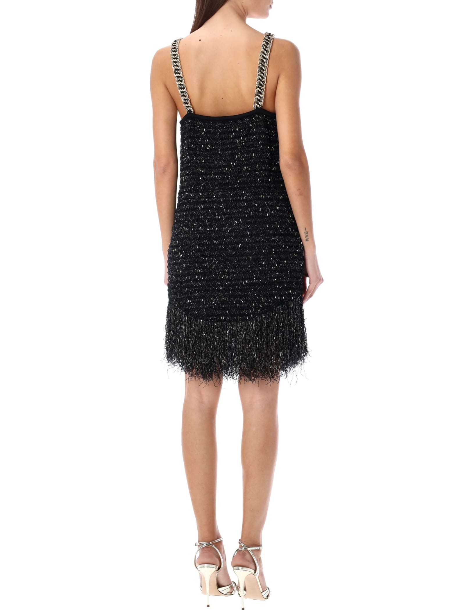 Shop Balmain Fringed Lurex Tweed Dress In Nero Oro