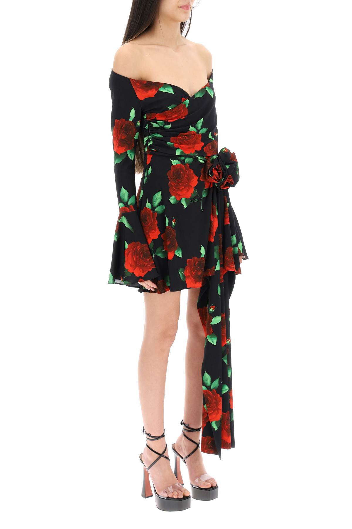 Magda Butrym Black Flared Mini-dress With Floral Print All-over In Viscose Woman In Black Print (black)