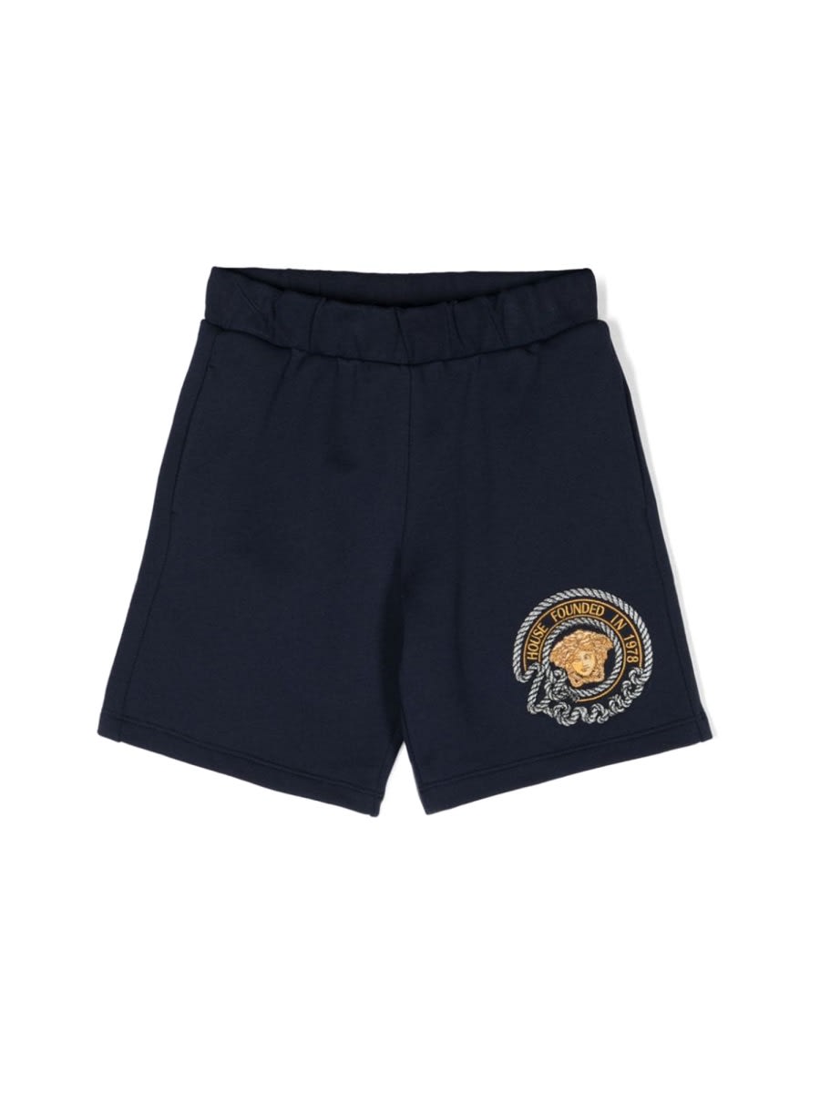 Versace Medusa Head-embroidered Cotton Shorts In Blue