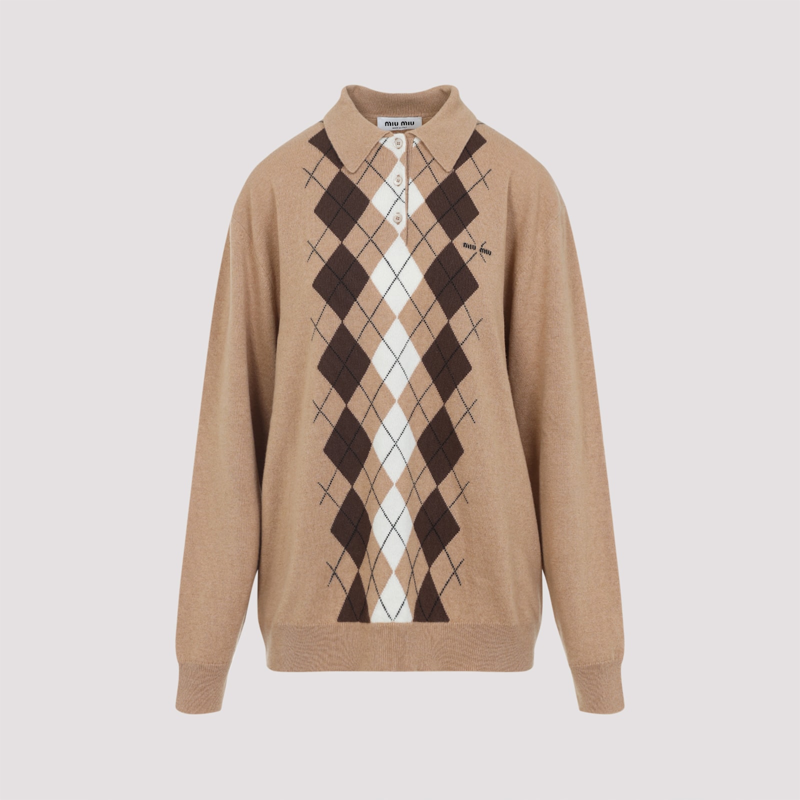 Miu Miu Argyle Pattern Cashmere Polo Pullover In Brown