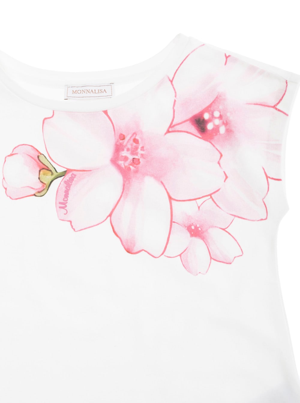 Monnalisa White T-shirt With Round Neck And Floral Print On The Front In Cotton Stretch Girl In White