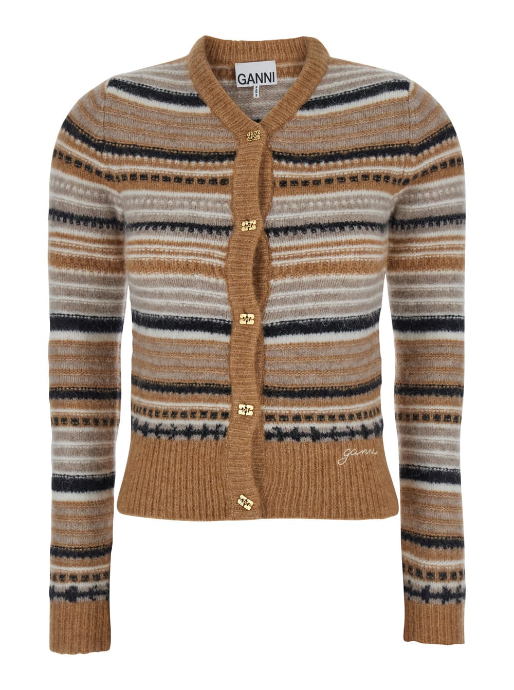 Shop Ganni Multicolor Striped Cardigan With Logo Embroidery In Wool Woman