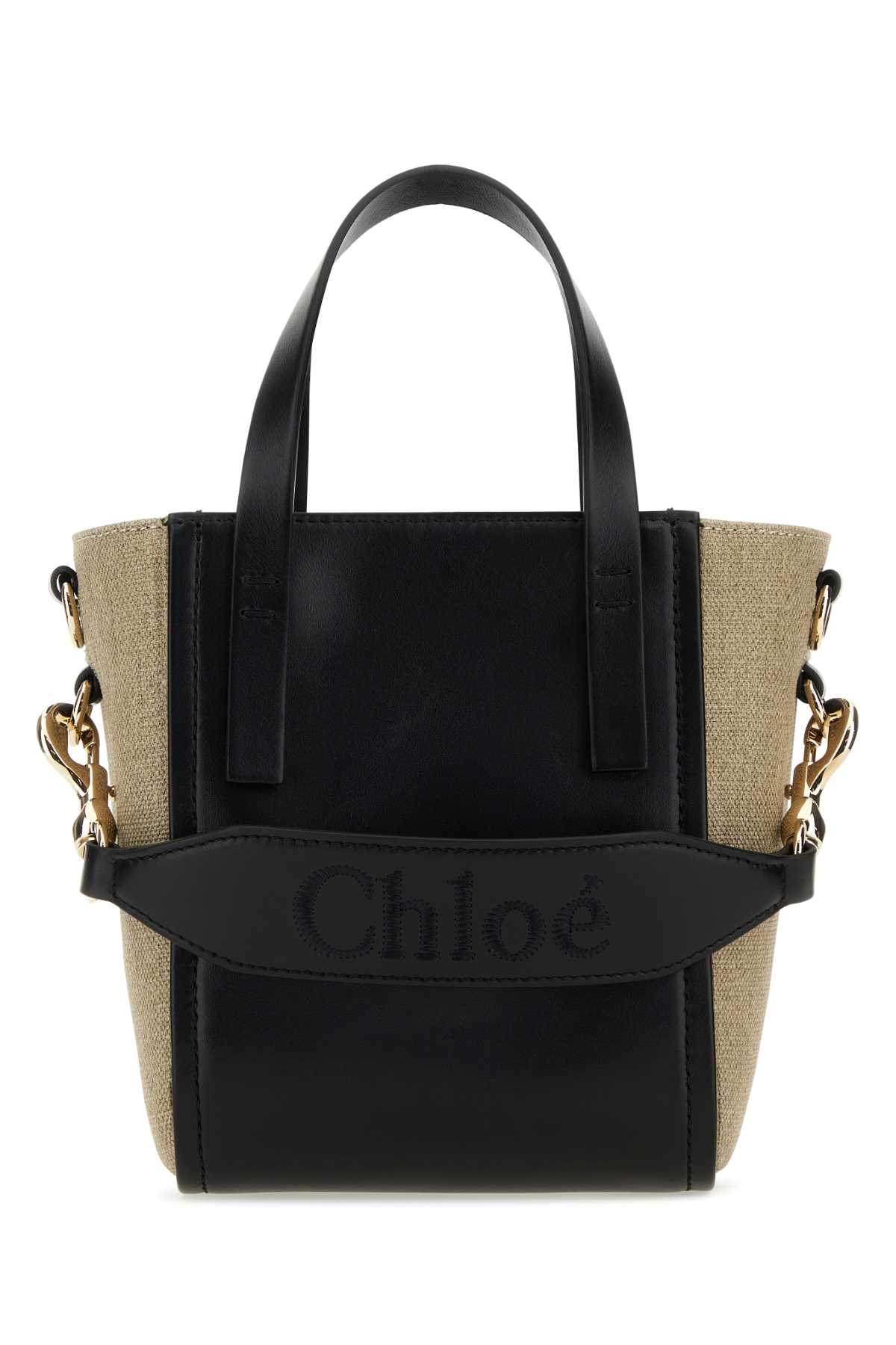 Shop Chloé Two-tone Canvas And Leather Small Sense Shopping Bag In Black