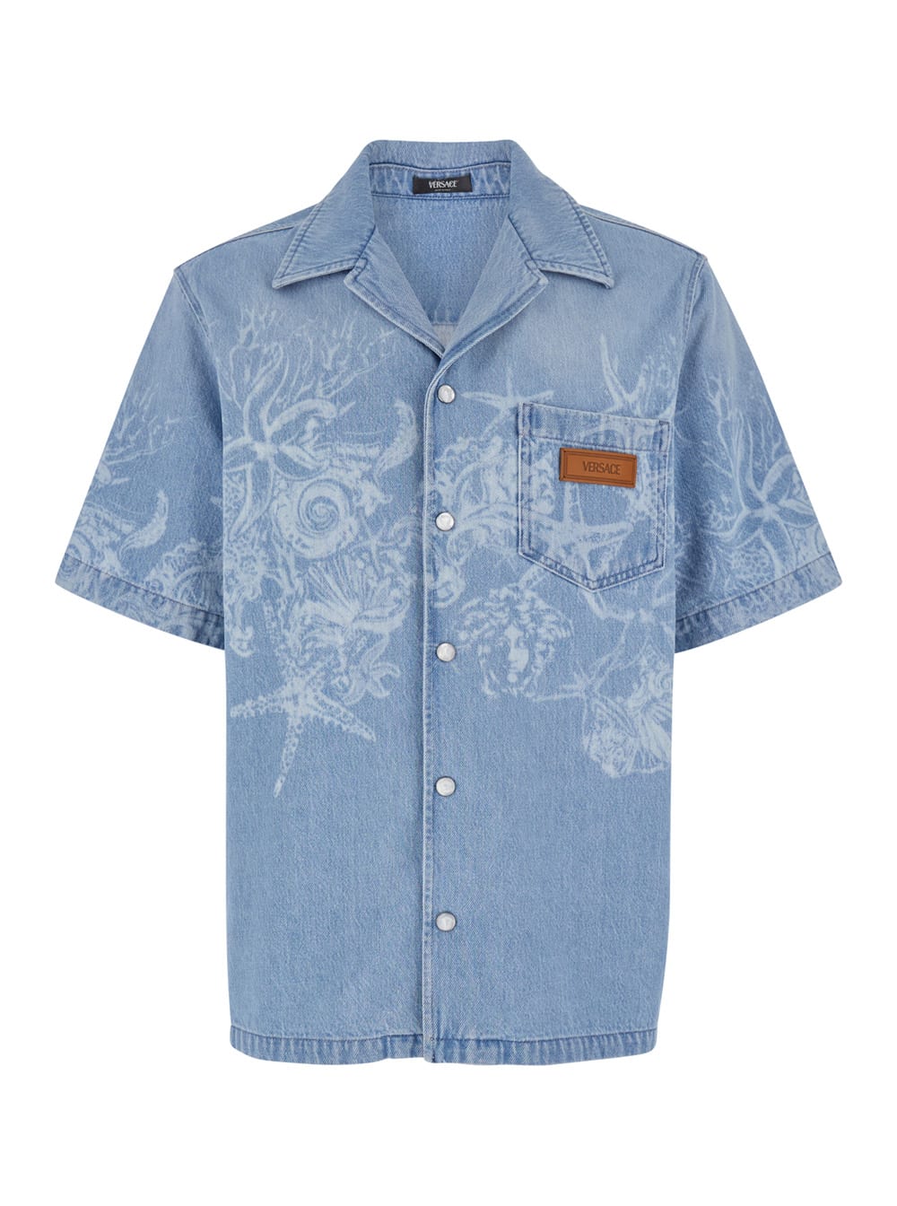 Shop Versace Light Blue Barocco Shirt With Barocco Sea Print In Cotton Denim Man