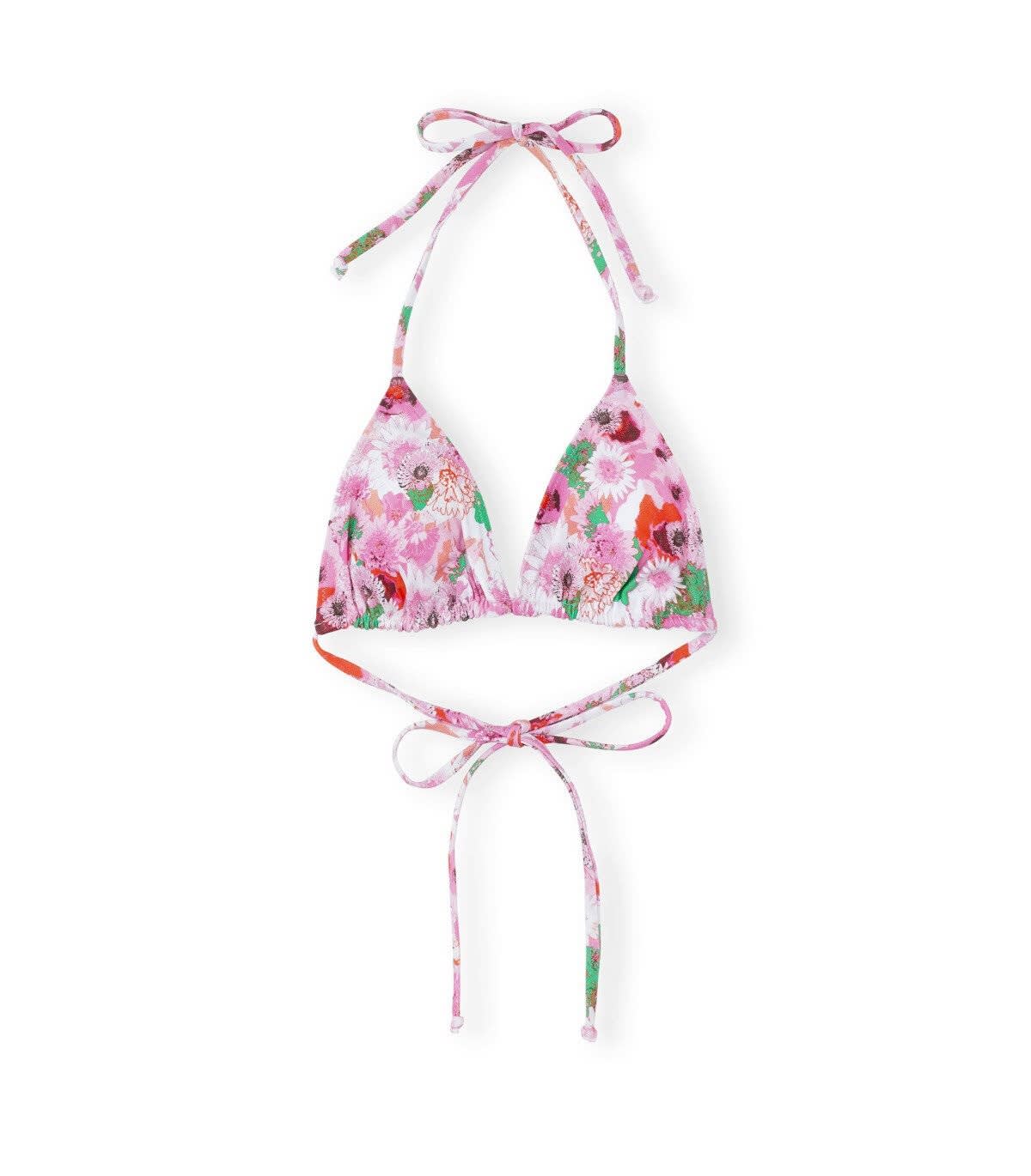 Ganni Floral-print String Bikini Top In Rosa