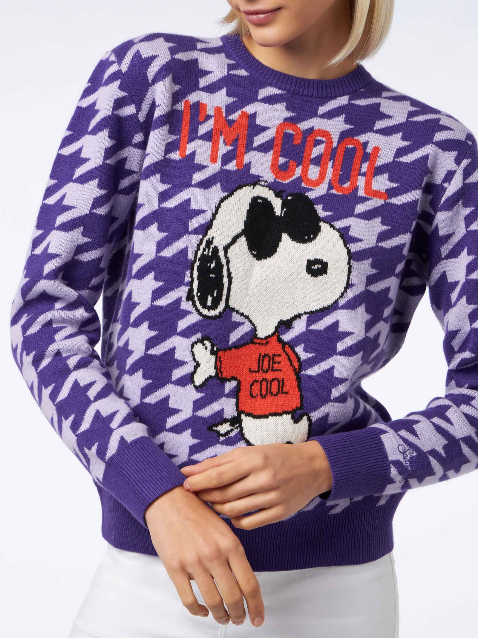 Shop Mc2 Saint Barth Woman Crewneck Pied De Poule Sweater With Snoopy Print Snoopy Peanuts Special Edition In Pink