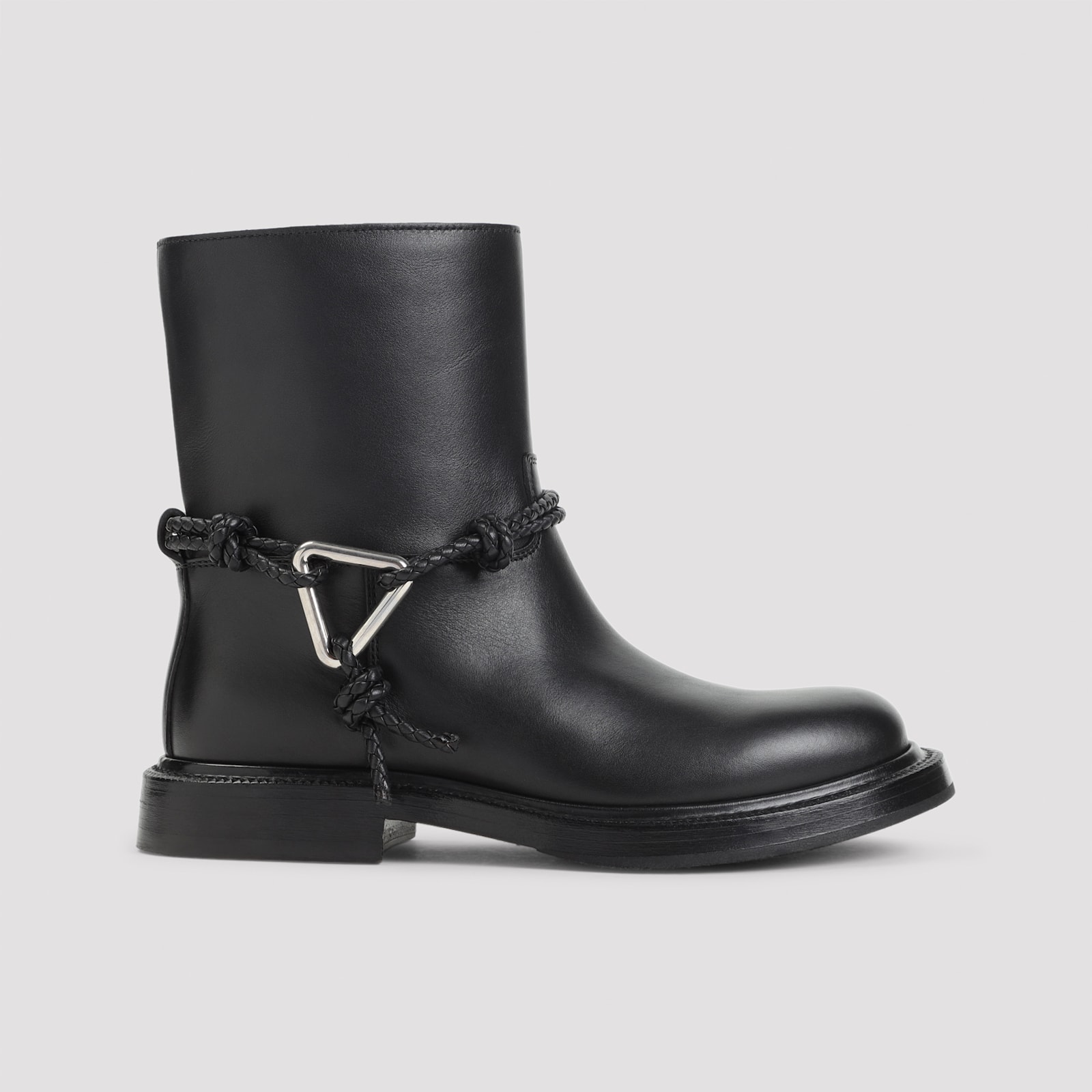 Bottega Veneta Women Black Ankle Boots With Metallic Detail On The Side And Applied Laces In Leather In Black