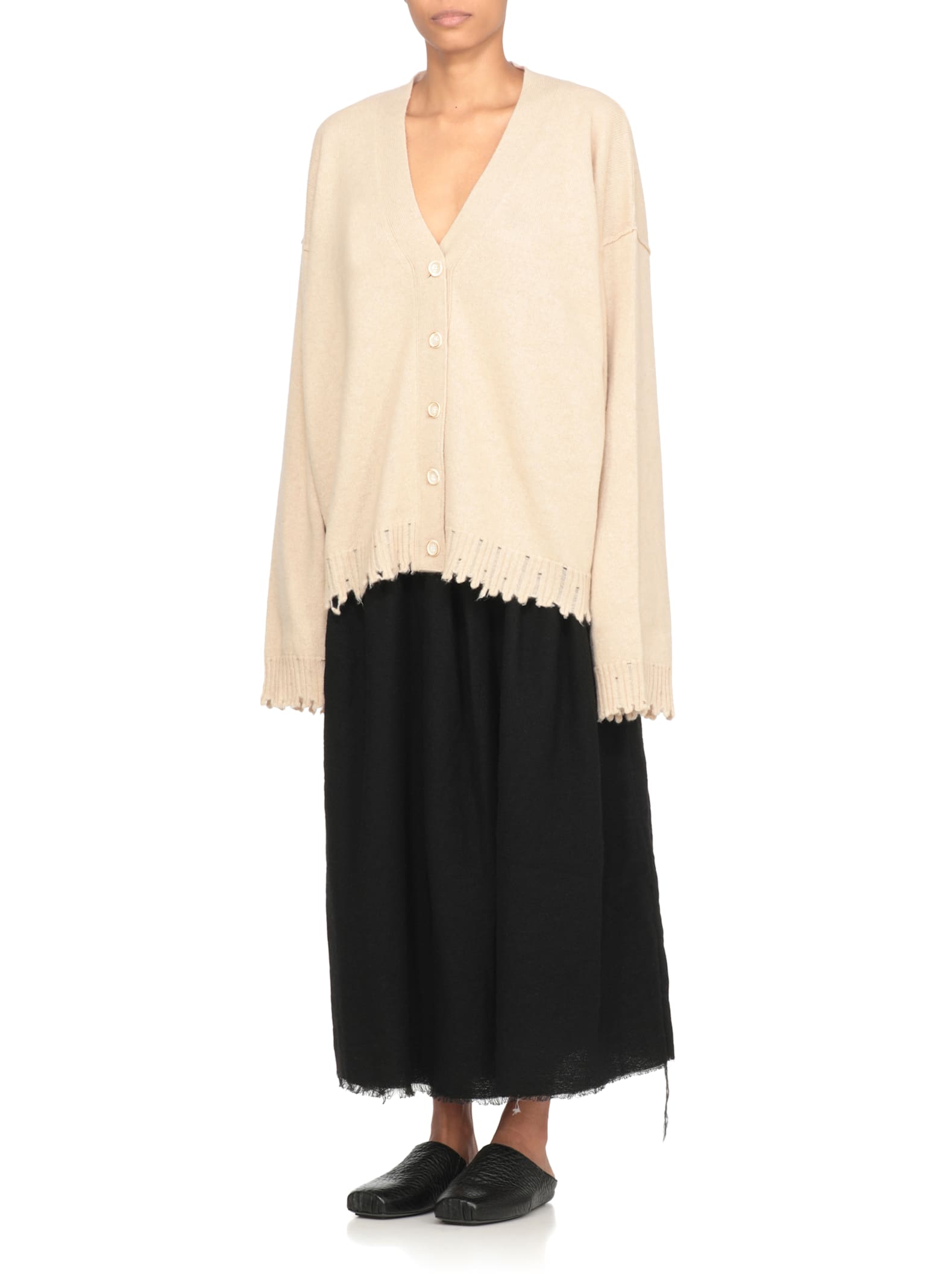 Uma Wang Beige Cashmere Cardigan With V-neck And Ribbed Trims In Multi