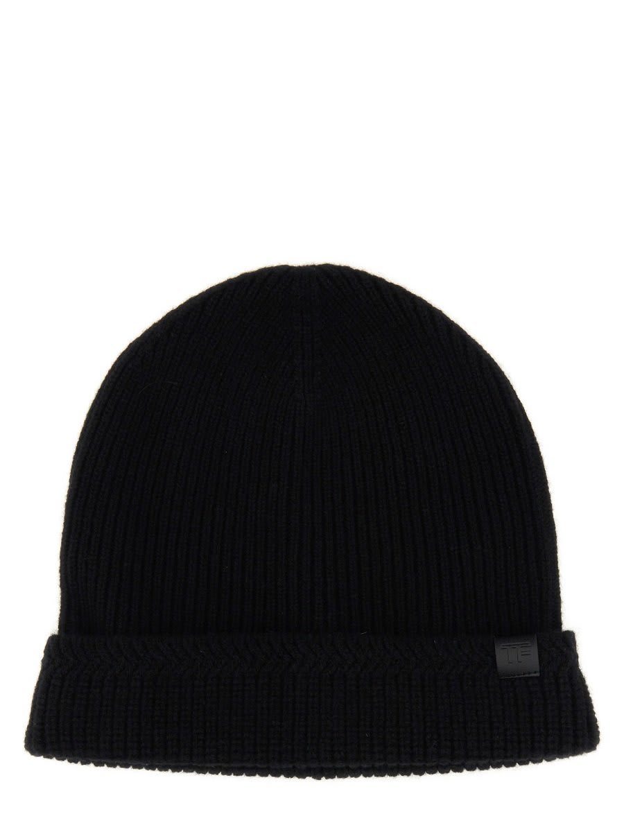 Shop Tom Ford Tf Patch Ribbed Beanie In Black