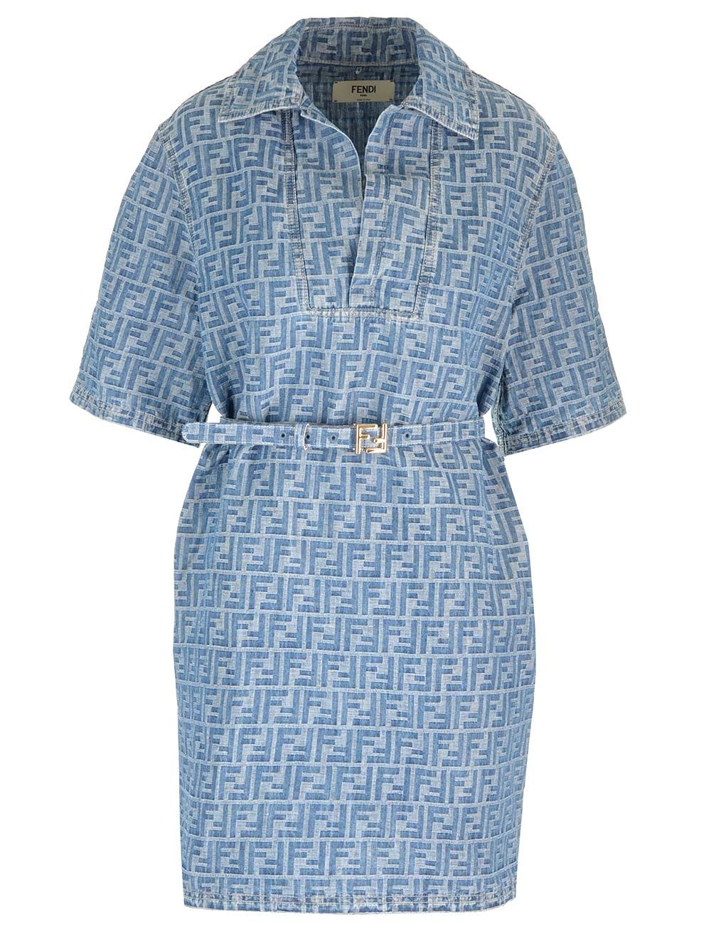 Shop Fendi Cotton And Linen Short Dress In Light Blue