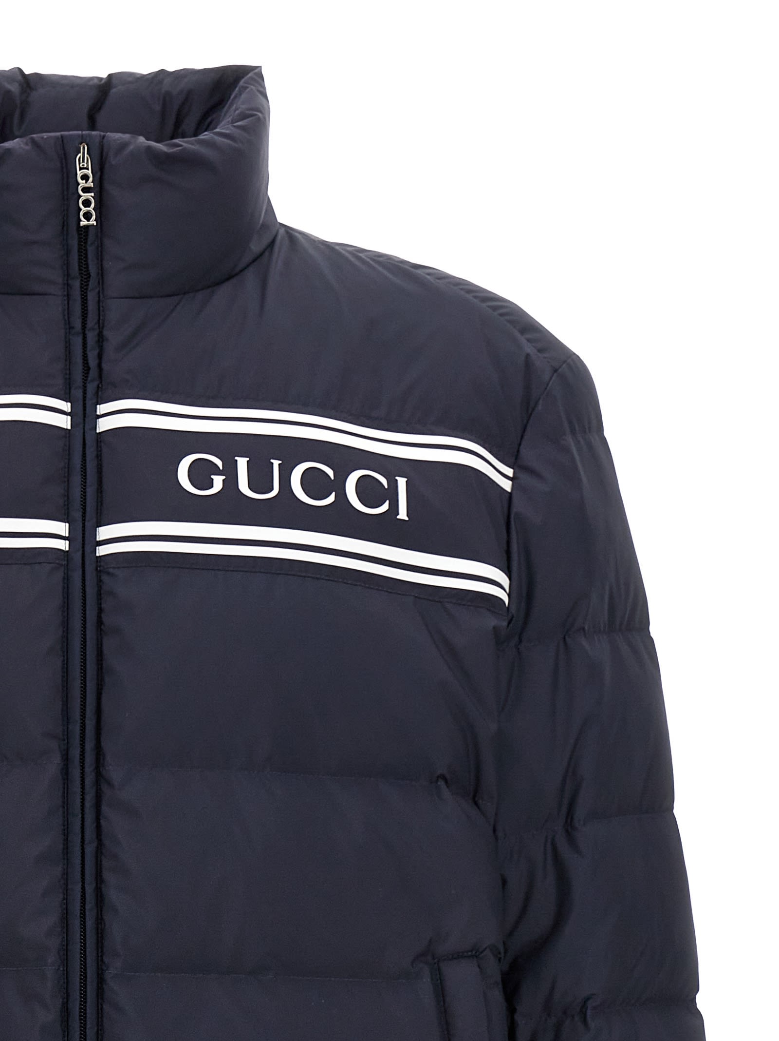 Shop Gucci Logo Print Down Jacket In Blue