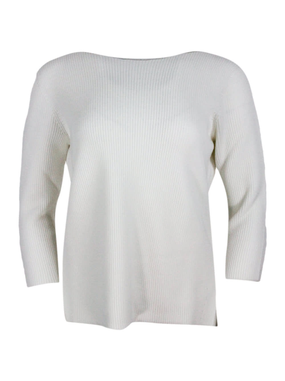 Shop Fabiana Filippi Long-sleeved Boat-neck Sweater In Wool And Cotton Embellished With Brilliant Monili On The Neck In White