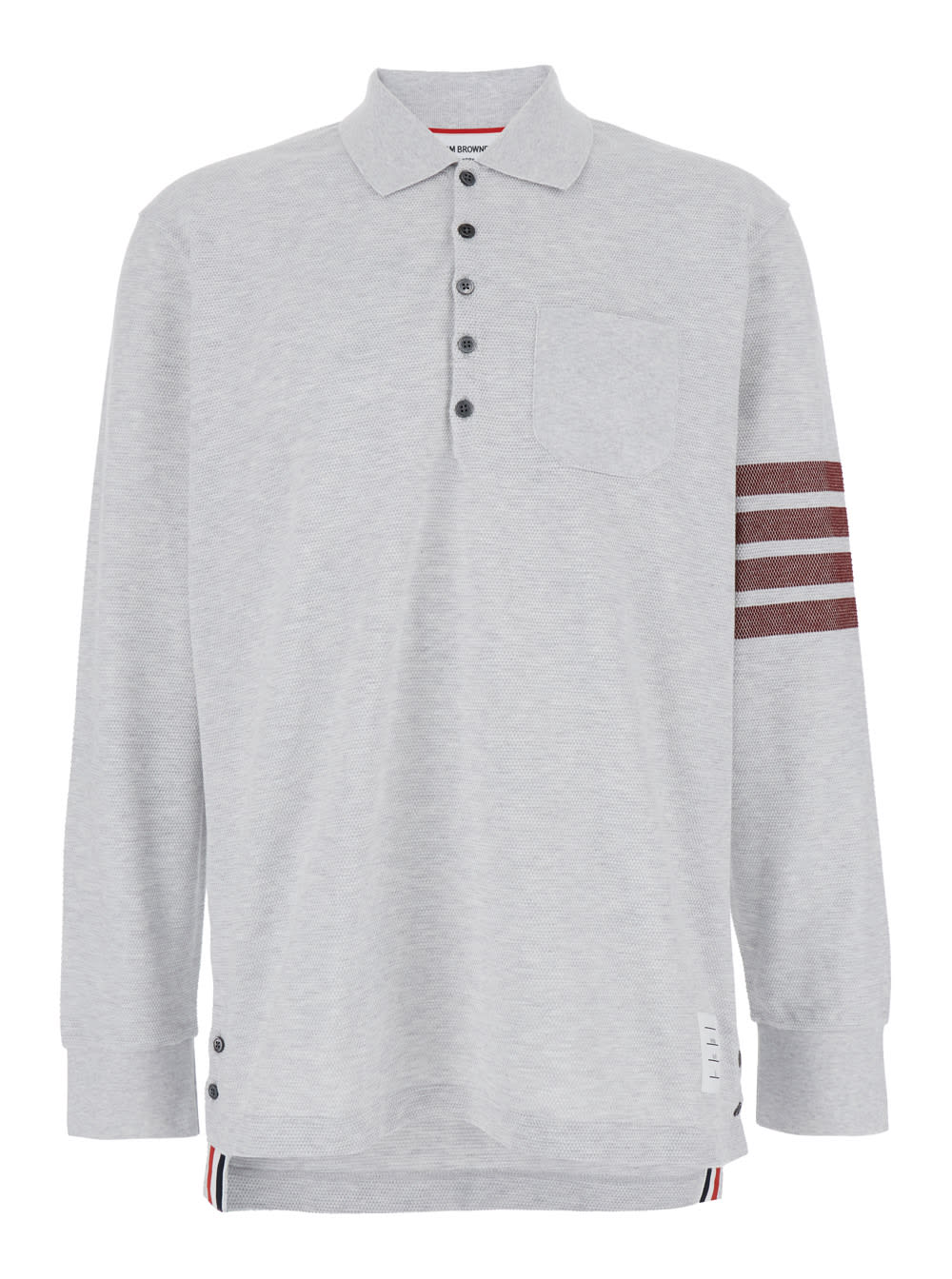 Shop Thom Browne Long Sleeve Polo W/ Knit Chest Pocket In Pique 4 Bar In Grey