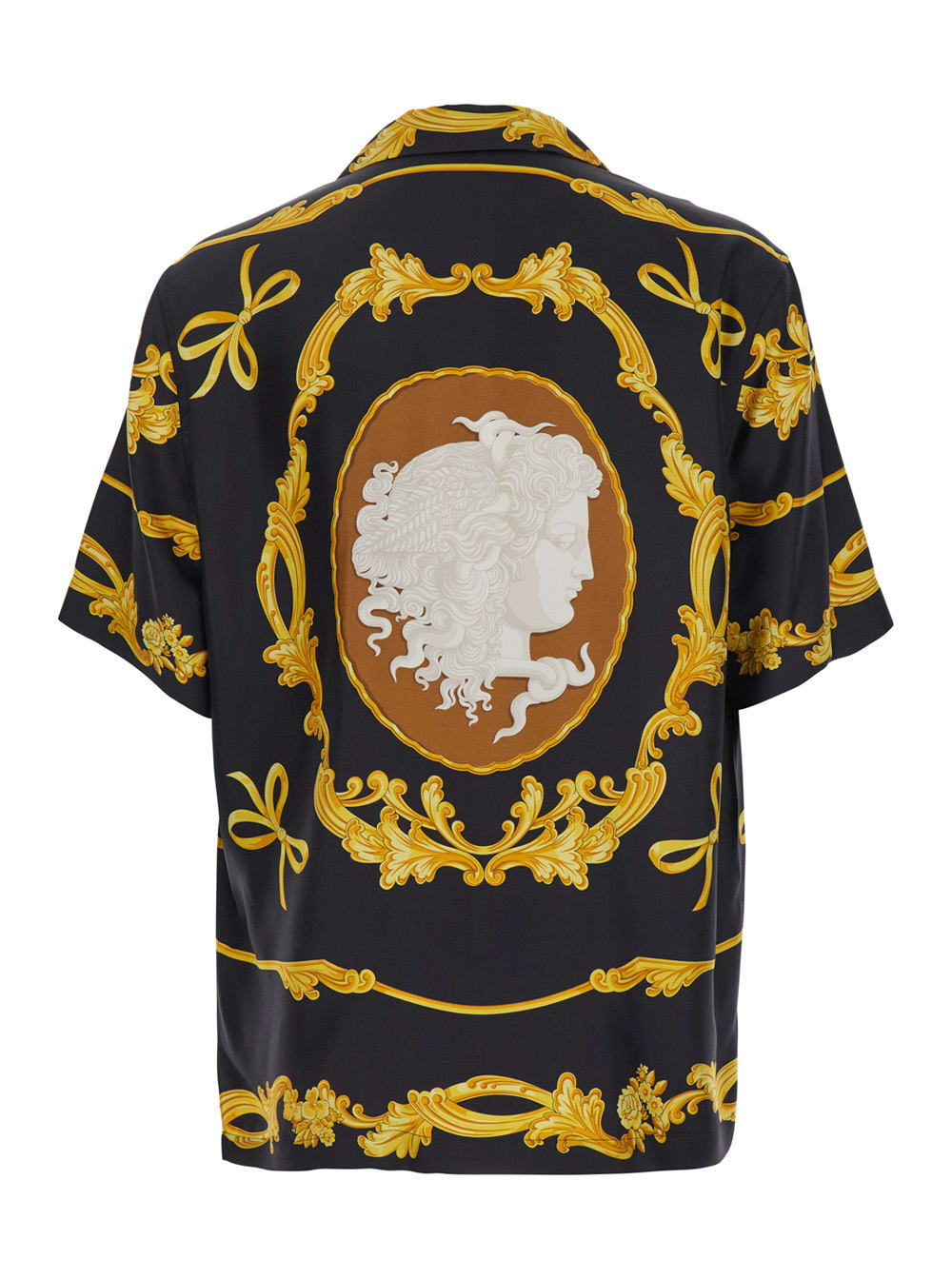 Versace Black Shirt With Cuban Collar And All-over Graphic Print In Silk Man In Black