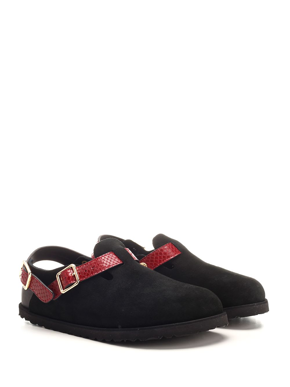 Birkenstock Black And Red Leather Tokio Cazador Flats In Black