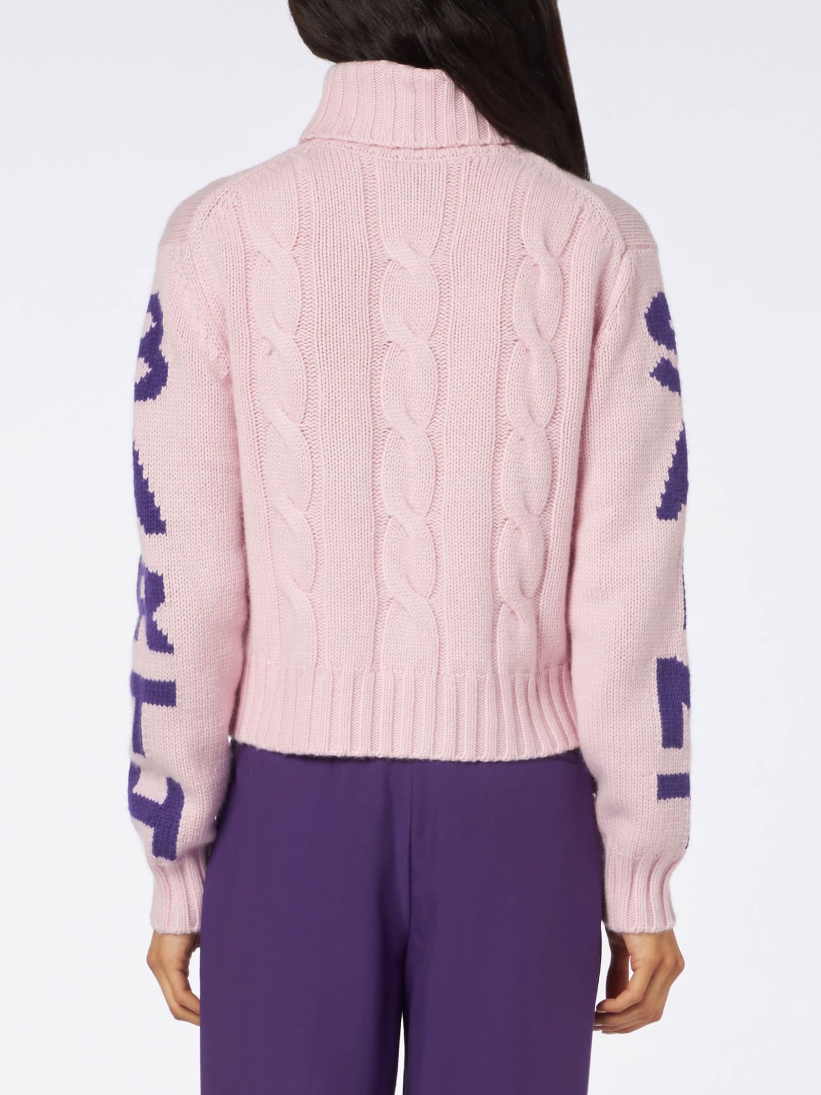 Shop Mc2 Saint Barth Woman Turtleneck Braided Sweater With Saint Barth Jacquard Print In Pink