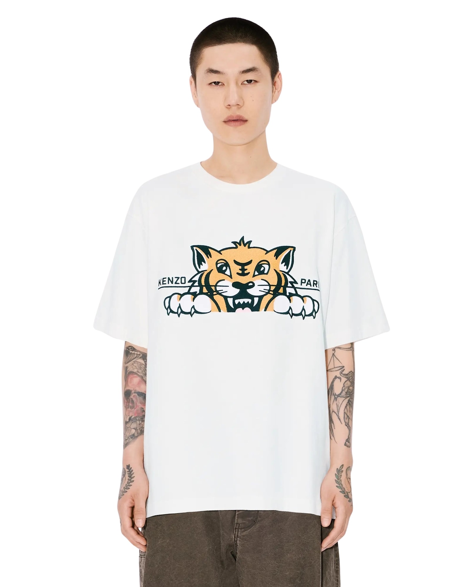 Kenzo 'gots Happy Tiger' White Crewneck T-shirt With Maxi Logo Embroidery On The Front And Logo Lettering In Off White