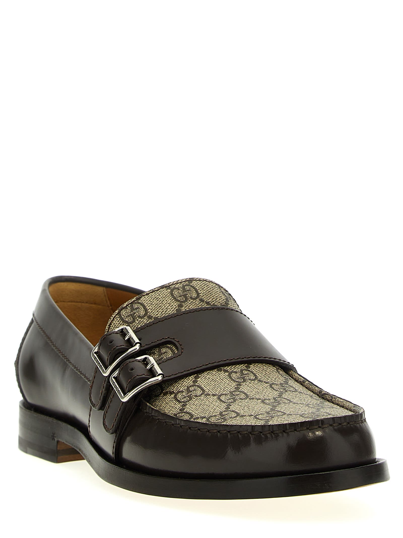 Shop Gucci Gg Buckle Loafers In Brown