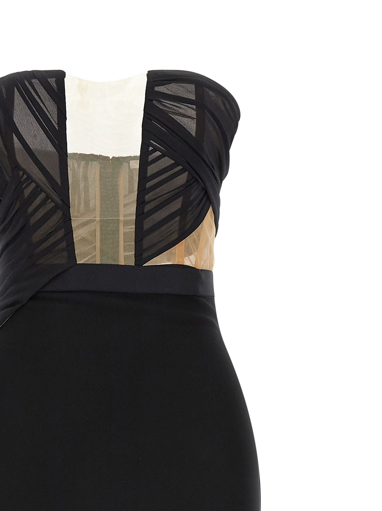 Nensi Dojaka Draped Maxi Dress With Corset And Sheer Panels In Black
