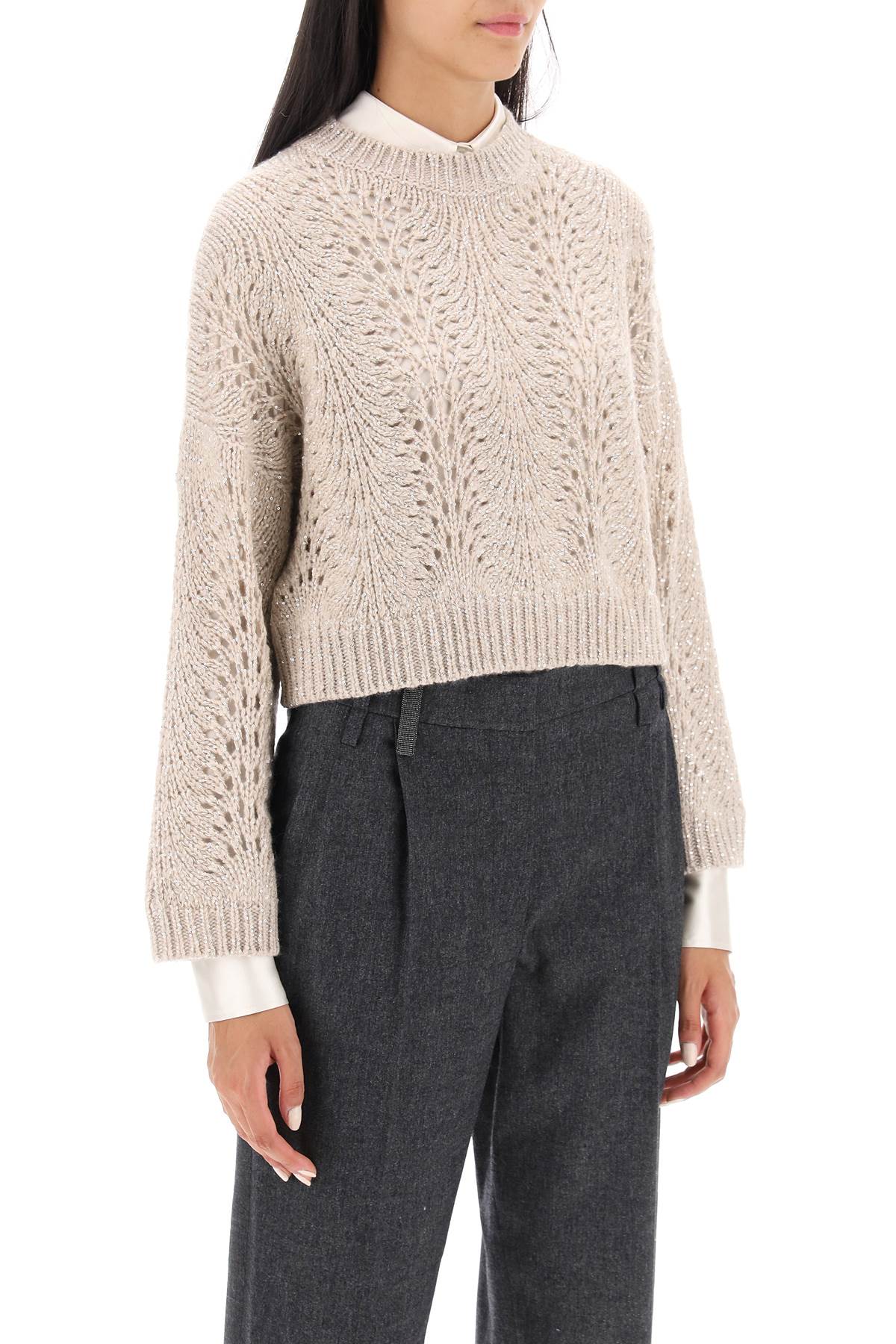 Shop Brunello Cucinelli Dazzling Lace Cropped Sweater In Feather