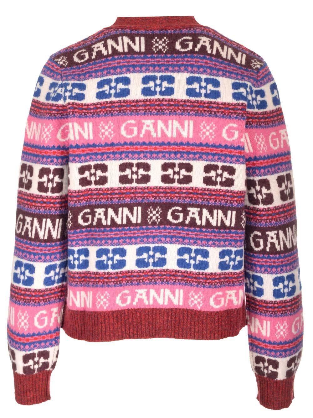 Shop Ganni Logo Intarsia Knitted Cardigan In Multicolour