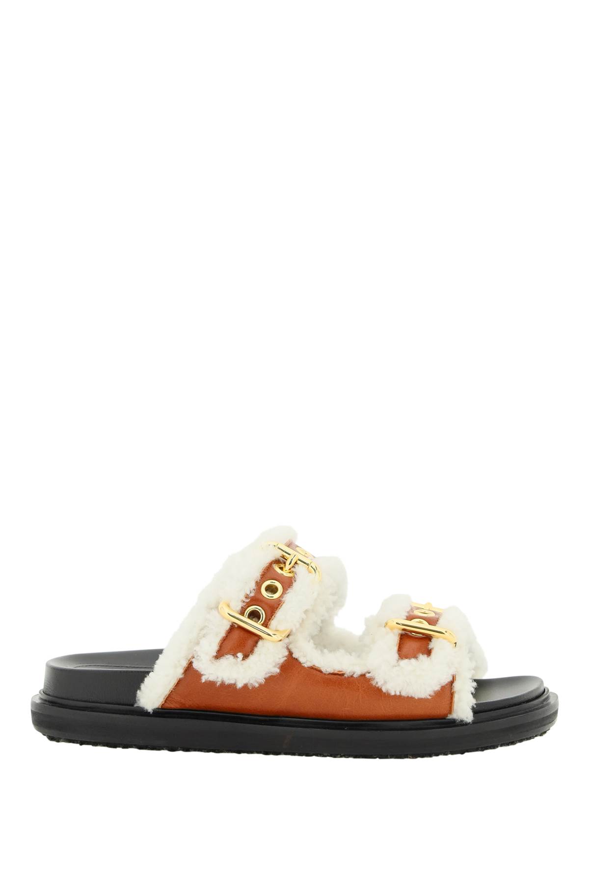 MARNI LEATHER AND SHEARLING FUSSBETT SLIDES