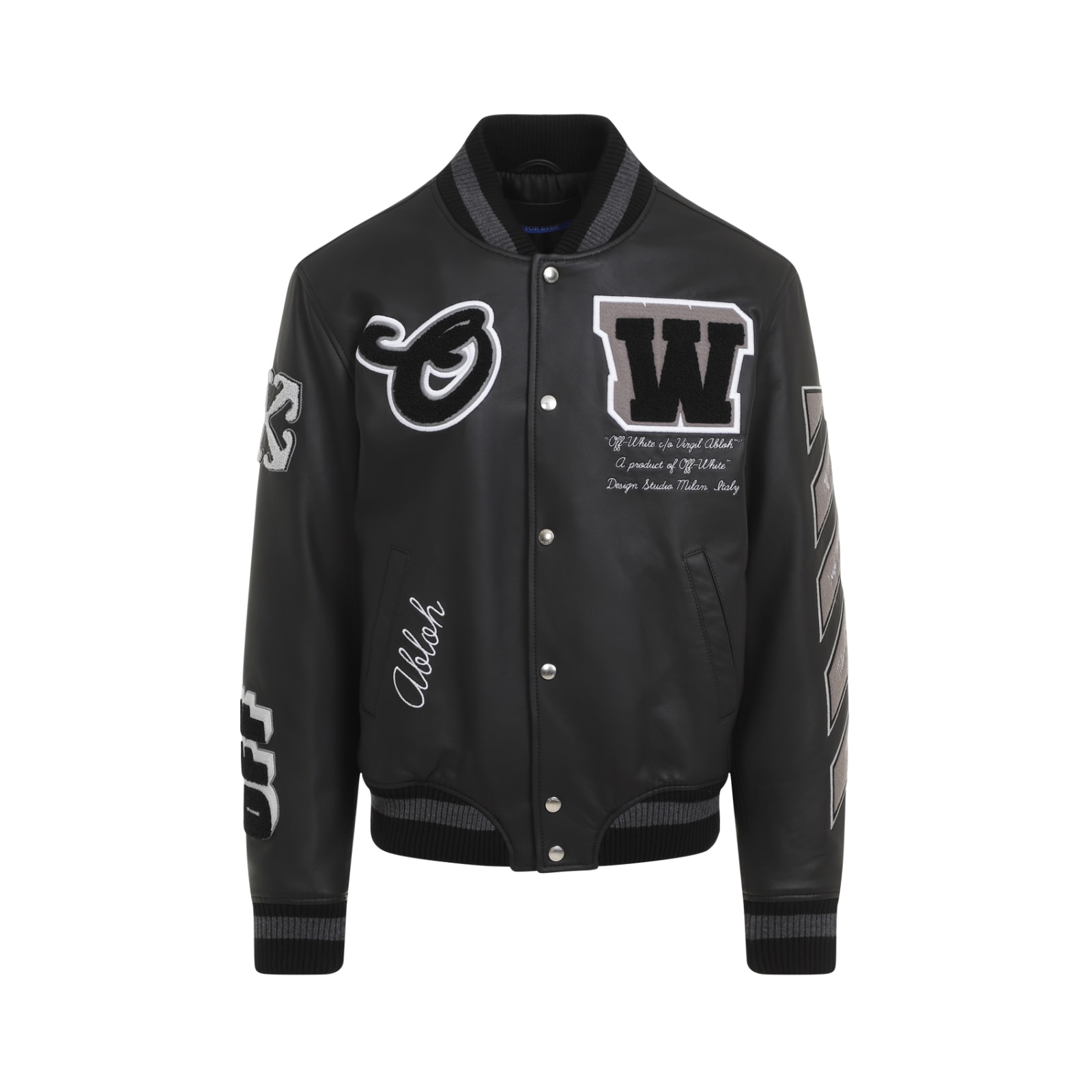 Shop Off-white Full Leather Varsity Jacket In Black Black