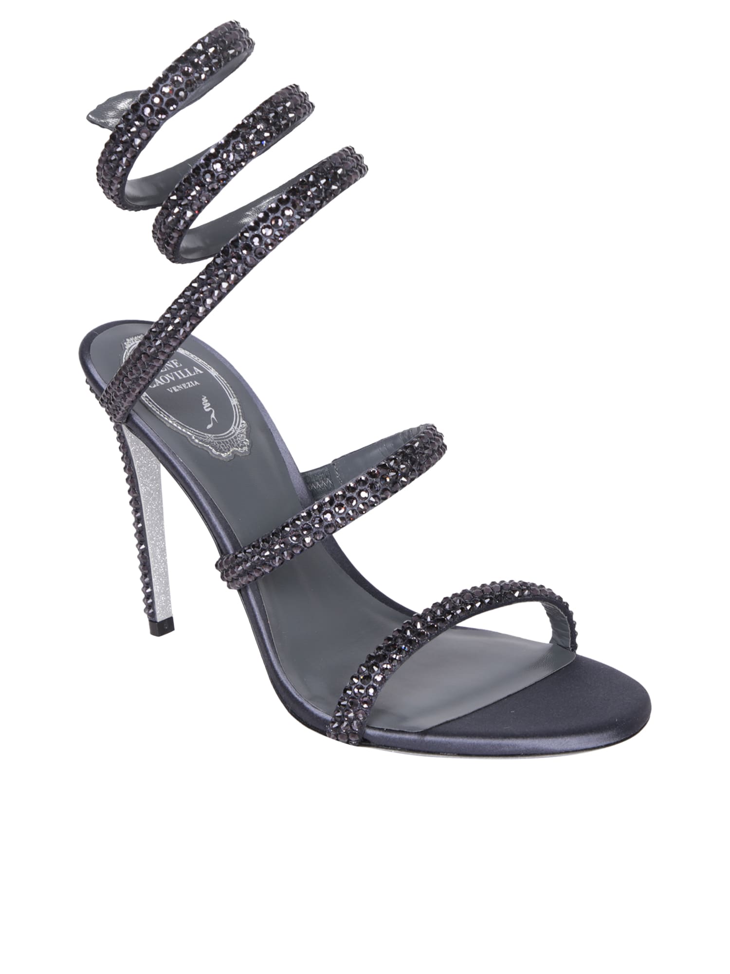 Shop René Caovilla Cleo Satin Strass Dark Grey Sandals