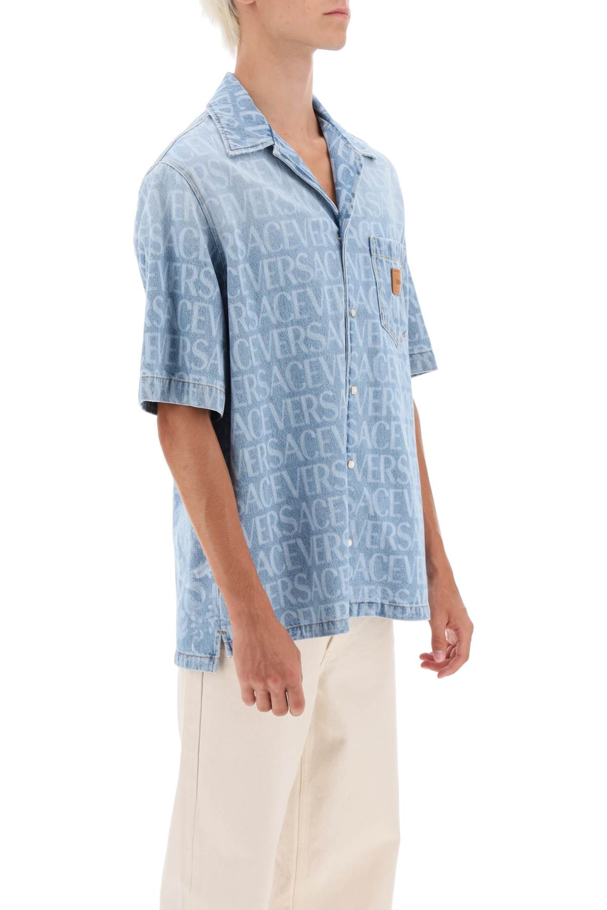 Shop Versace Americana Fit Short Sleeve Denim Shirt In Light Blue (blue)