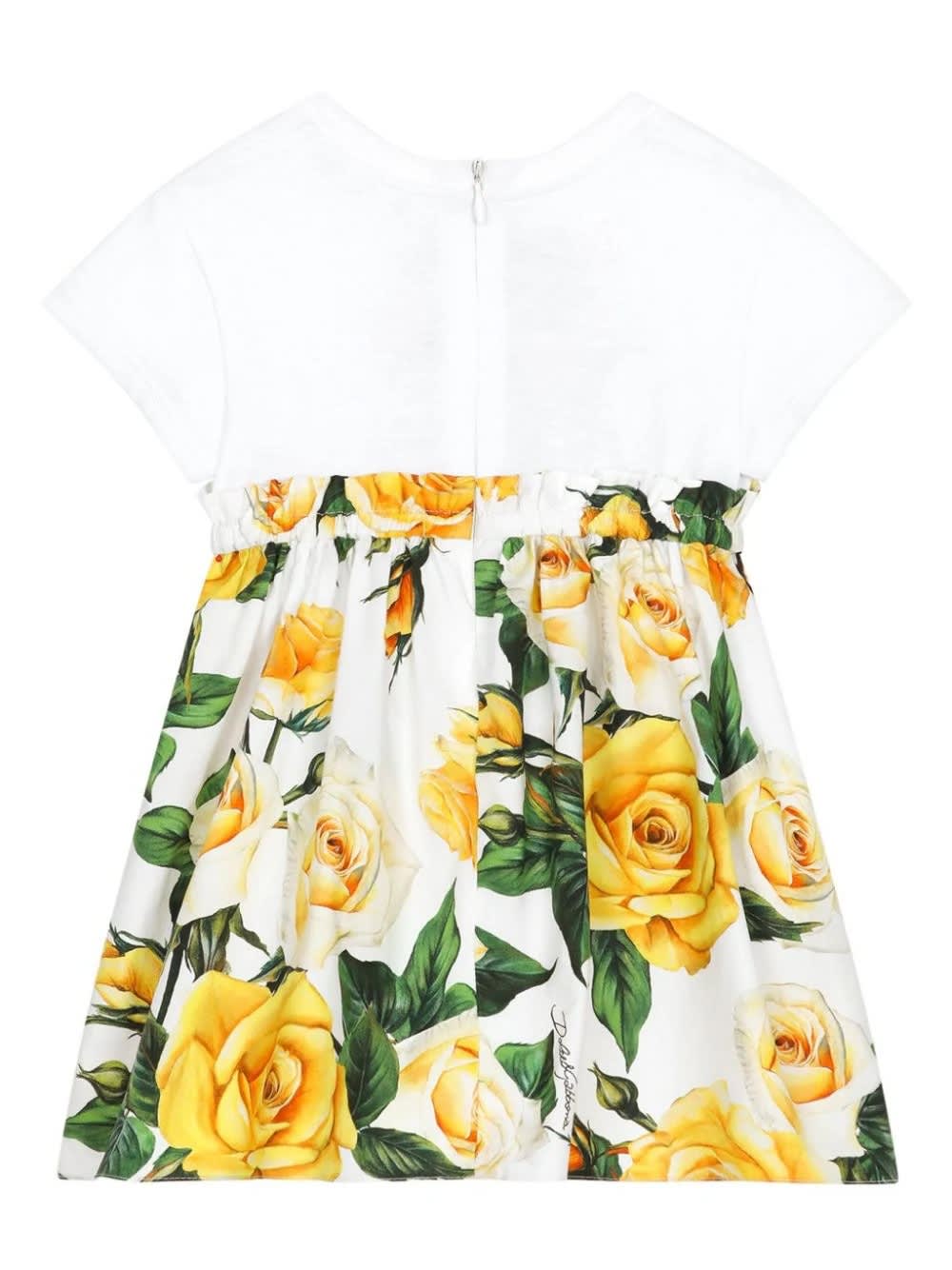 Shop Dolce & Gabbana Jersey And Poplin Dress With Dg Logo And Yellow Rose Print In White