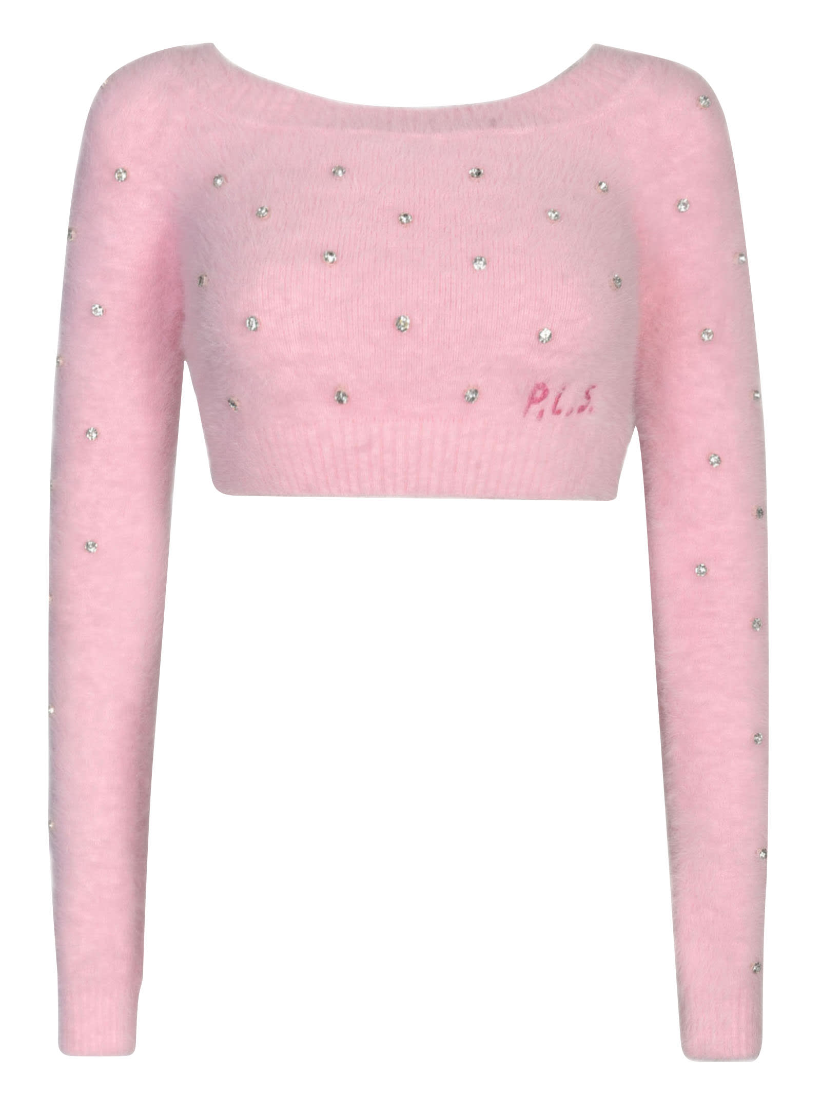 Philosophy Di Lorenzo Serafini Crystal Embellished Fur Cropped Sweater In Pink