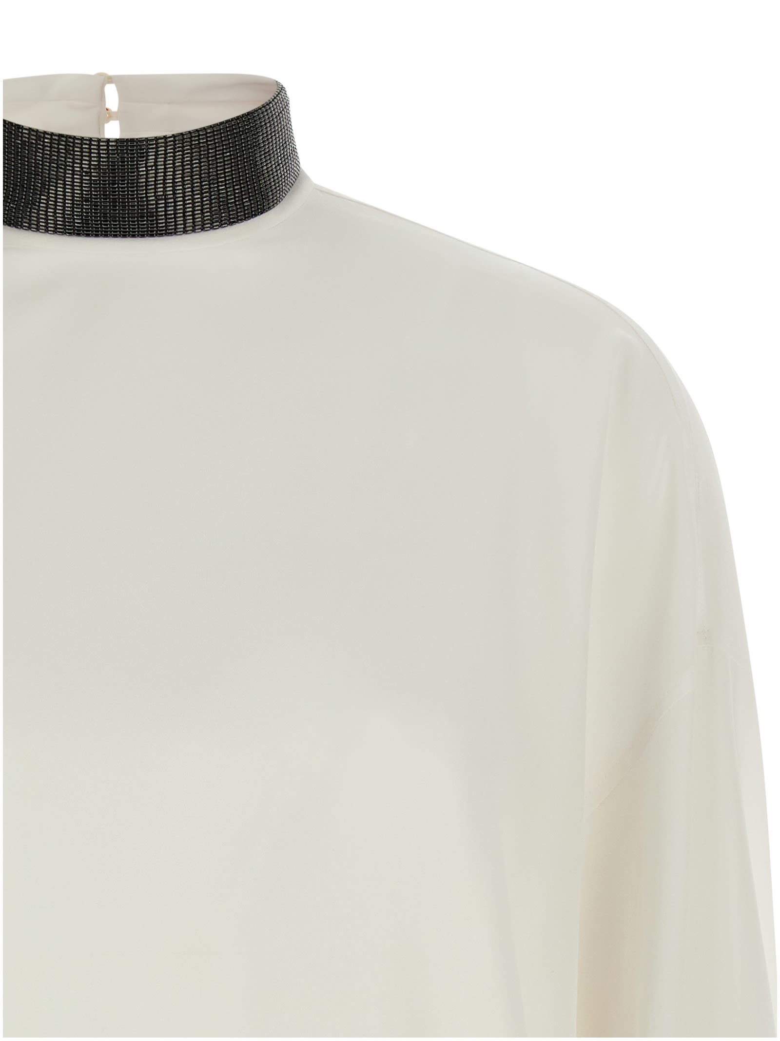 Brunello Cucinelli Silk Blouse With High Collar And Keyhole Back In Neutral