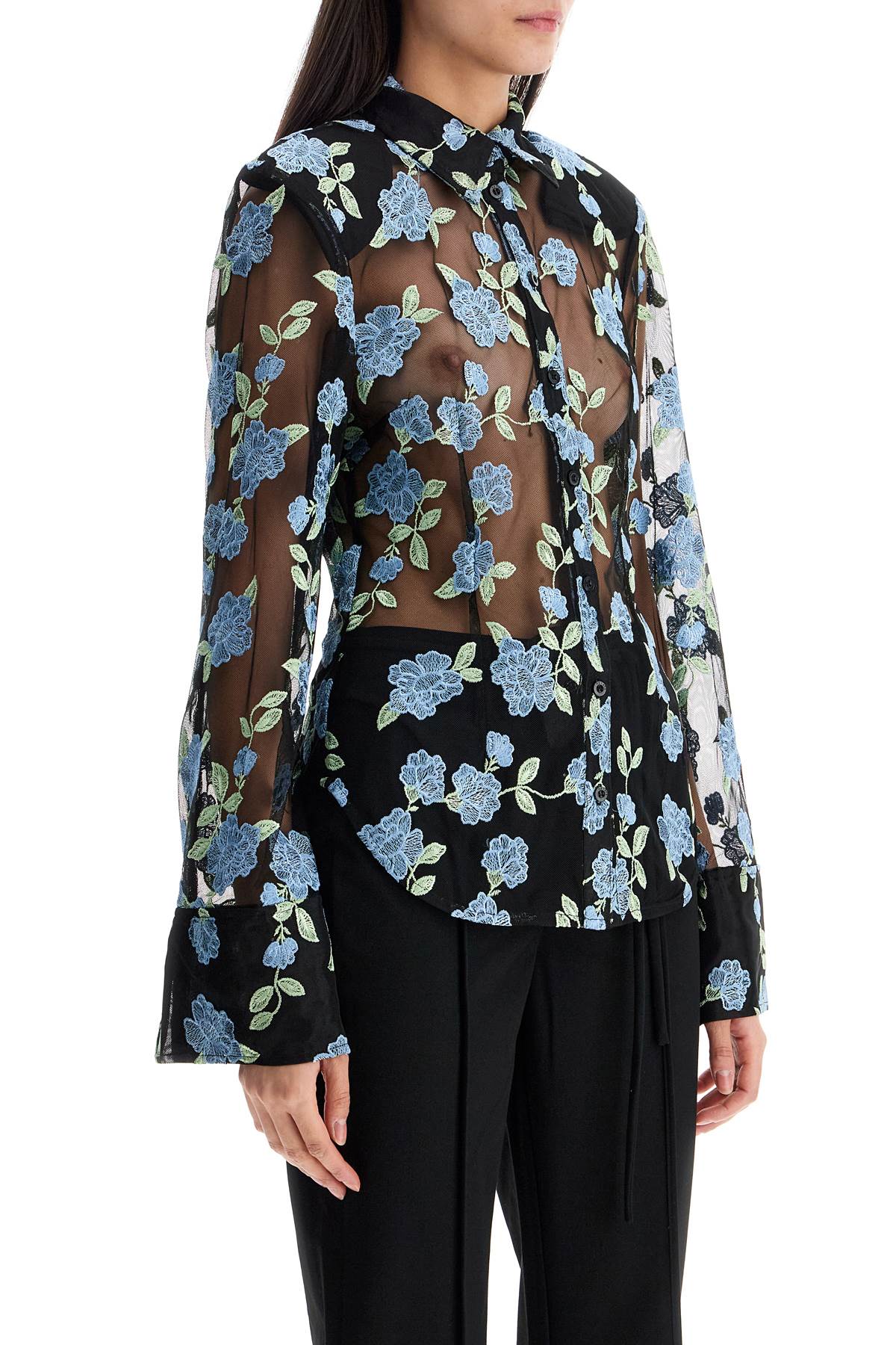 Rotate Birger Christensen Rotate Black Mesh Shirt With Floral Embroidery In 1000 Black Comb. (black)