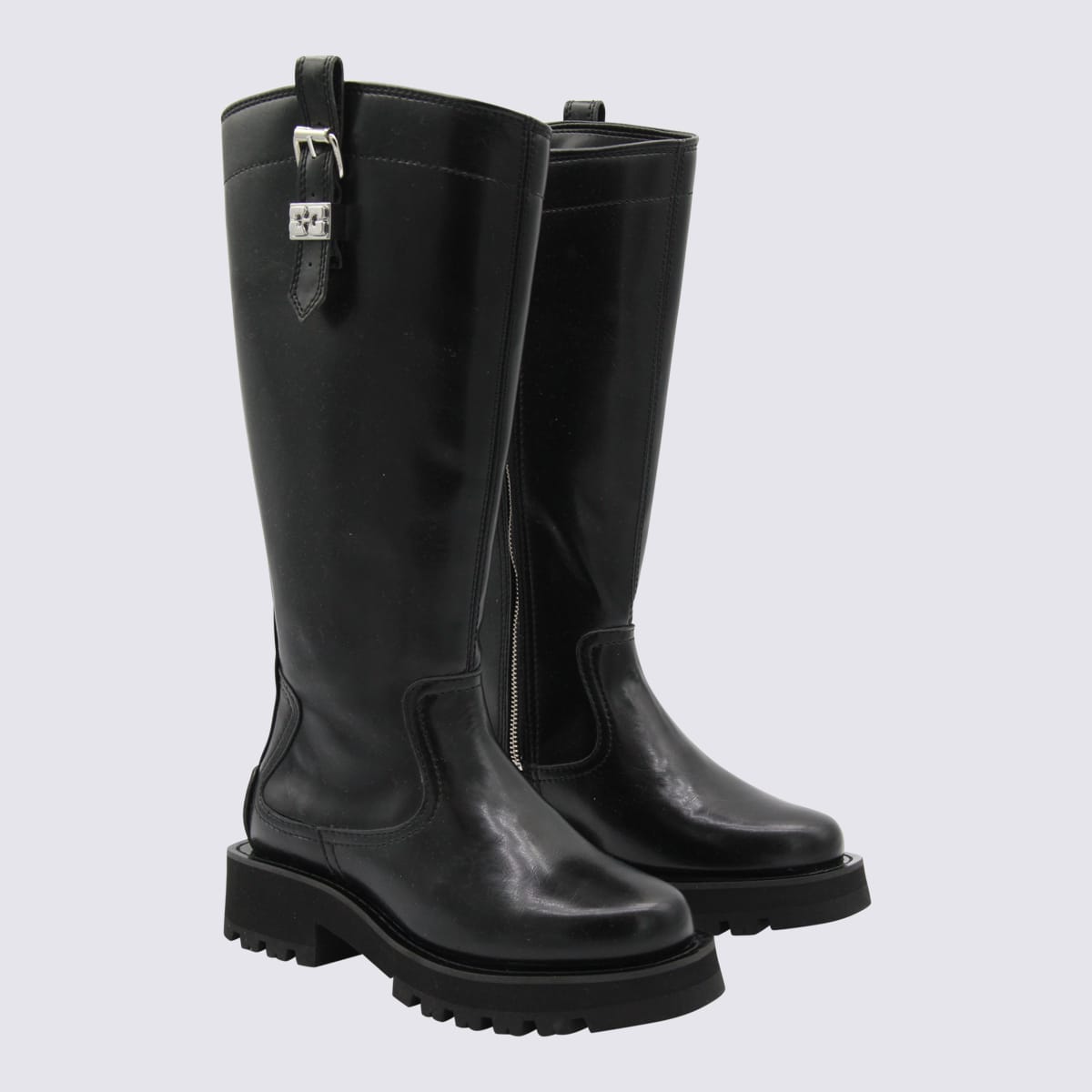 Ganni Buckle Knee-high Leather Lug Round Boots In Black