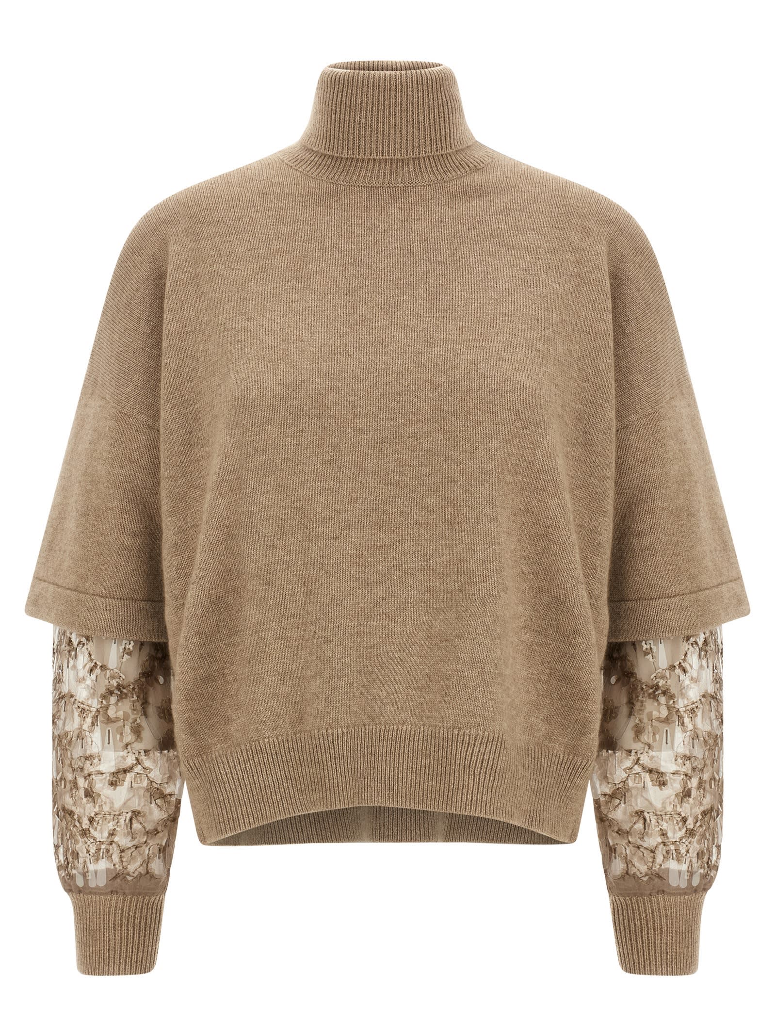 Brunello Cucinelli Cashmere Turtleneck Sweater With Sheer Sequined Sleeves In Brown