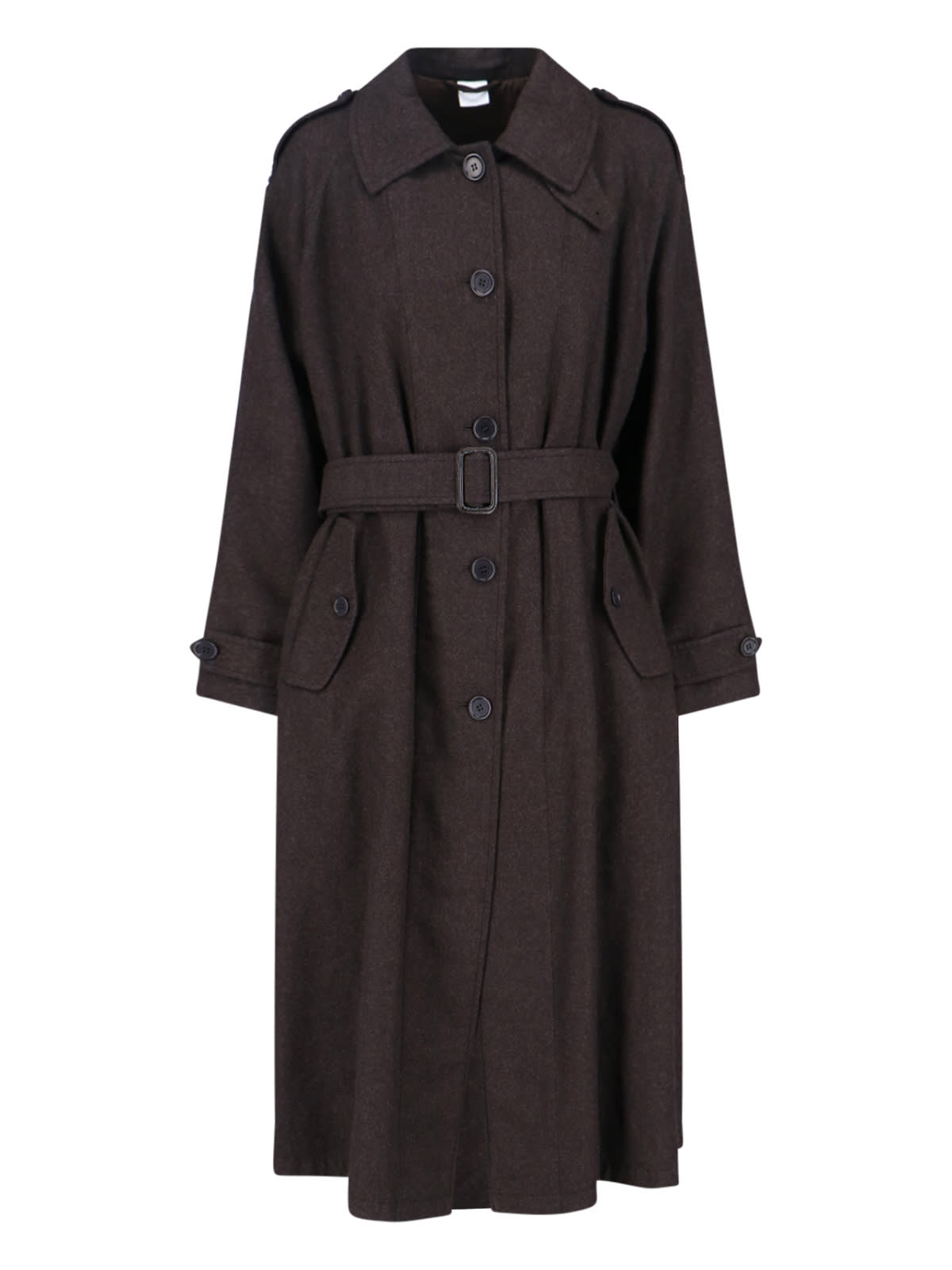 Aspesi Long High Collar Jacket With Belted Waist In Brown