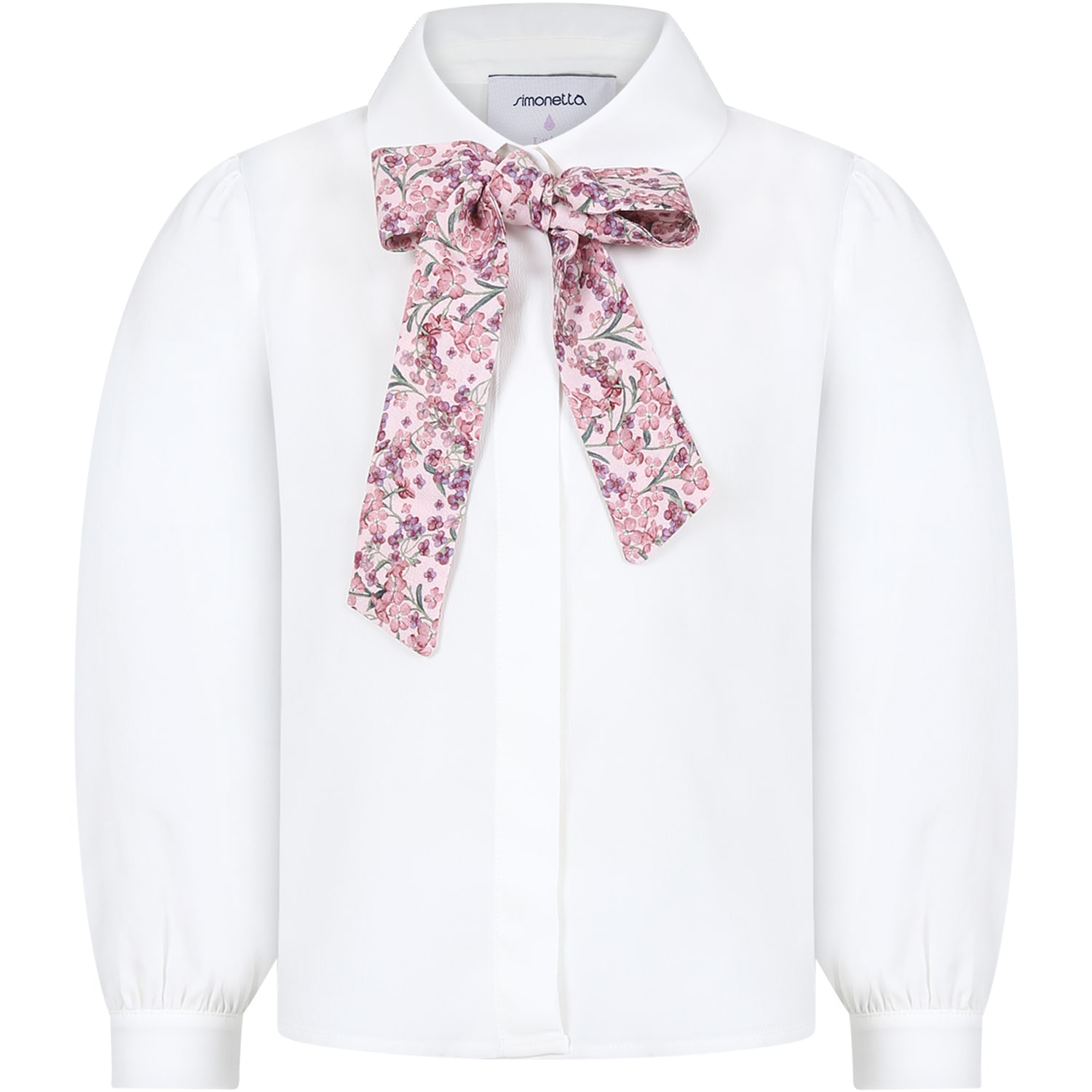 Shop Simonetta White Shirt For Girl With Bow In Ivory/pink