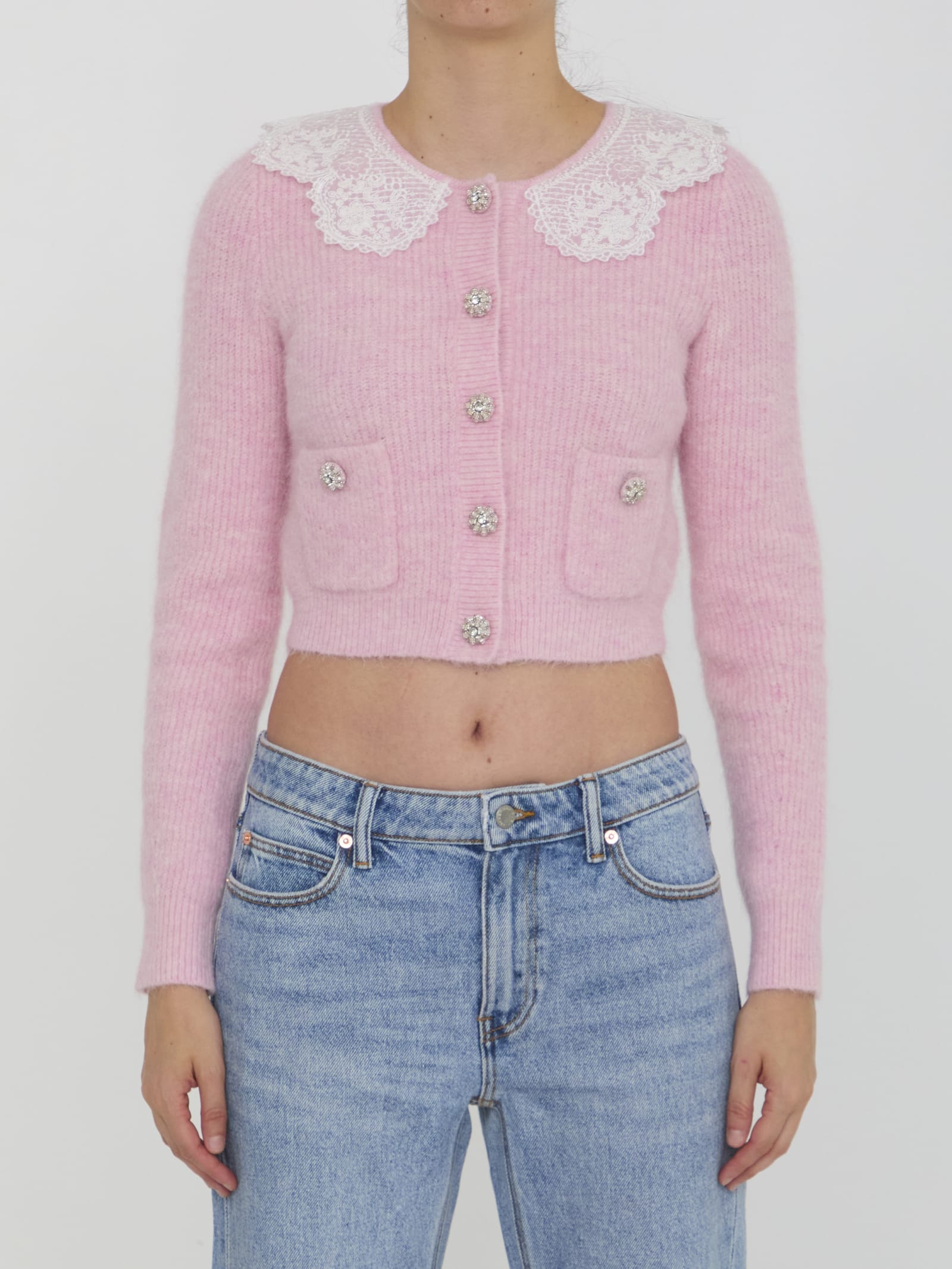 Shop Self-portrait Fluffy Knit Cardigan In Pink