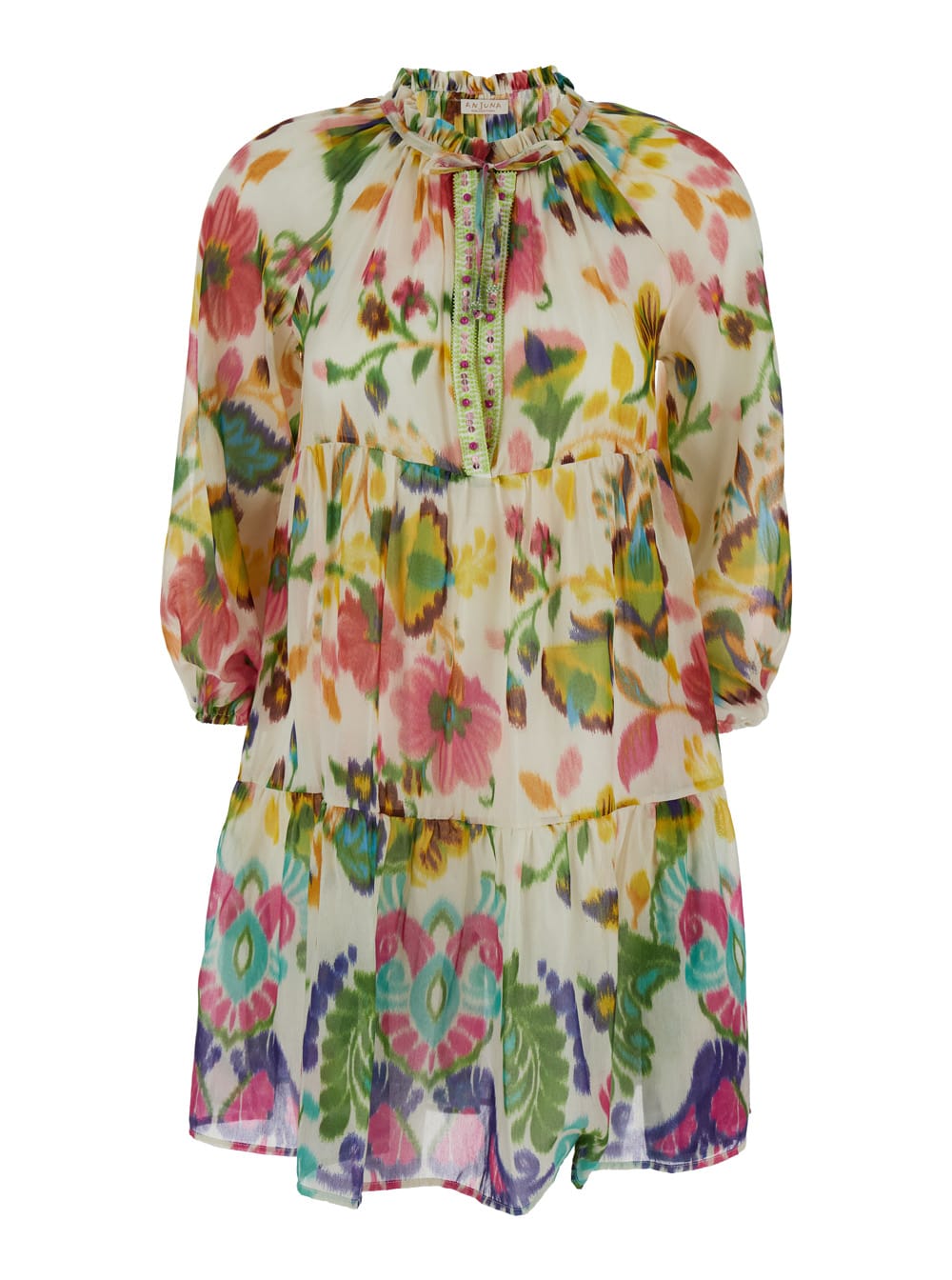 Mini Multicolor Dress With Floreal Print In Cotton And Silk Woman