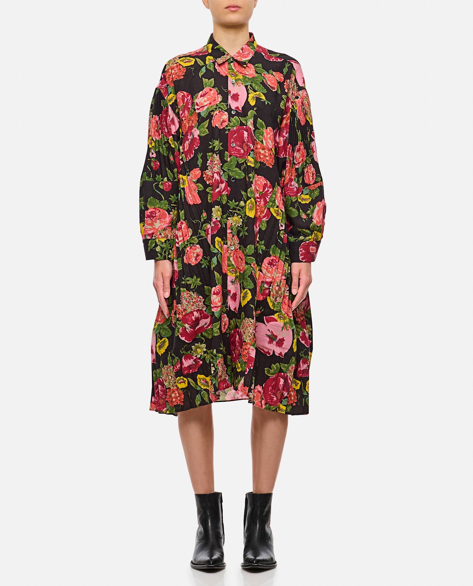 Shop Junya Watanabe Flower Pattern Printed Shirt Dress In Black