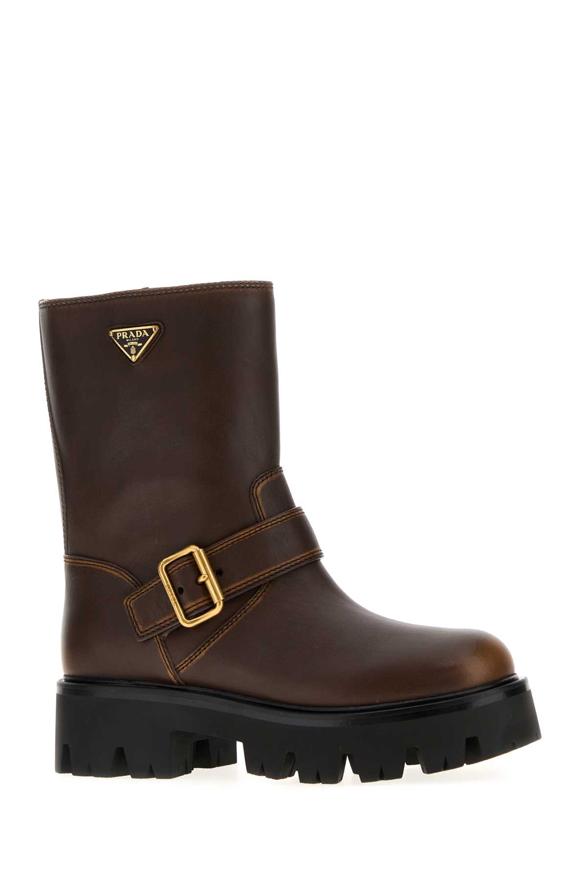 Prada Leather Boots With Vintage Effect And Logo In Brown